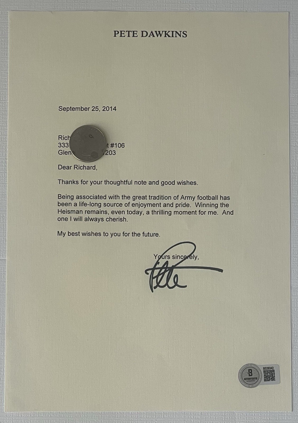 Pete Dawkins Army 1958 Heisman Winner Signed Autographed Letter - Beckett BAS