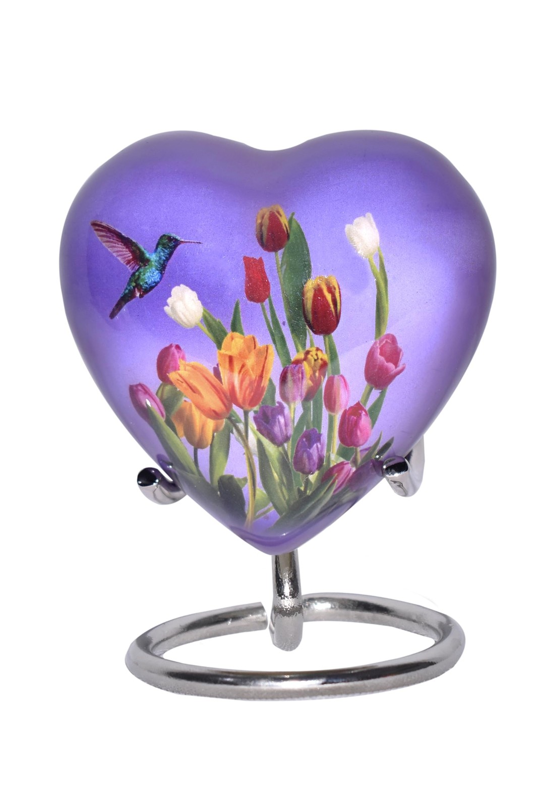 Purple Hummingbird Keepsake Urn - Mini Heart Cremation Urn with Stand & Premi...