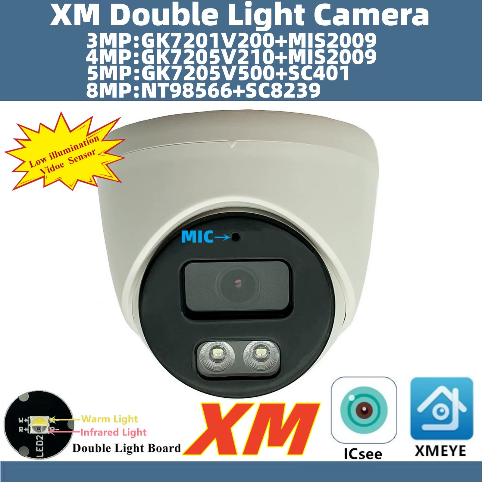 XM 4K 8/5/4/3MP NT98566+SC8239 Double Light IP Dome Camera Built-In MIC IRC ONVI
