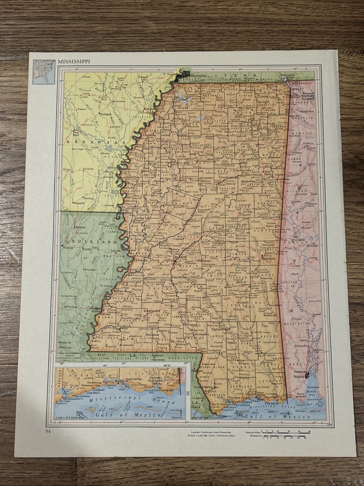 Antique 1956 Map Of Mississippi 14”x11”
