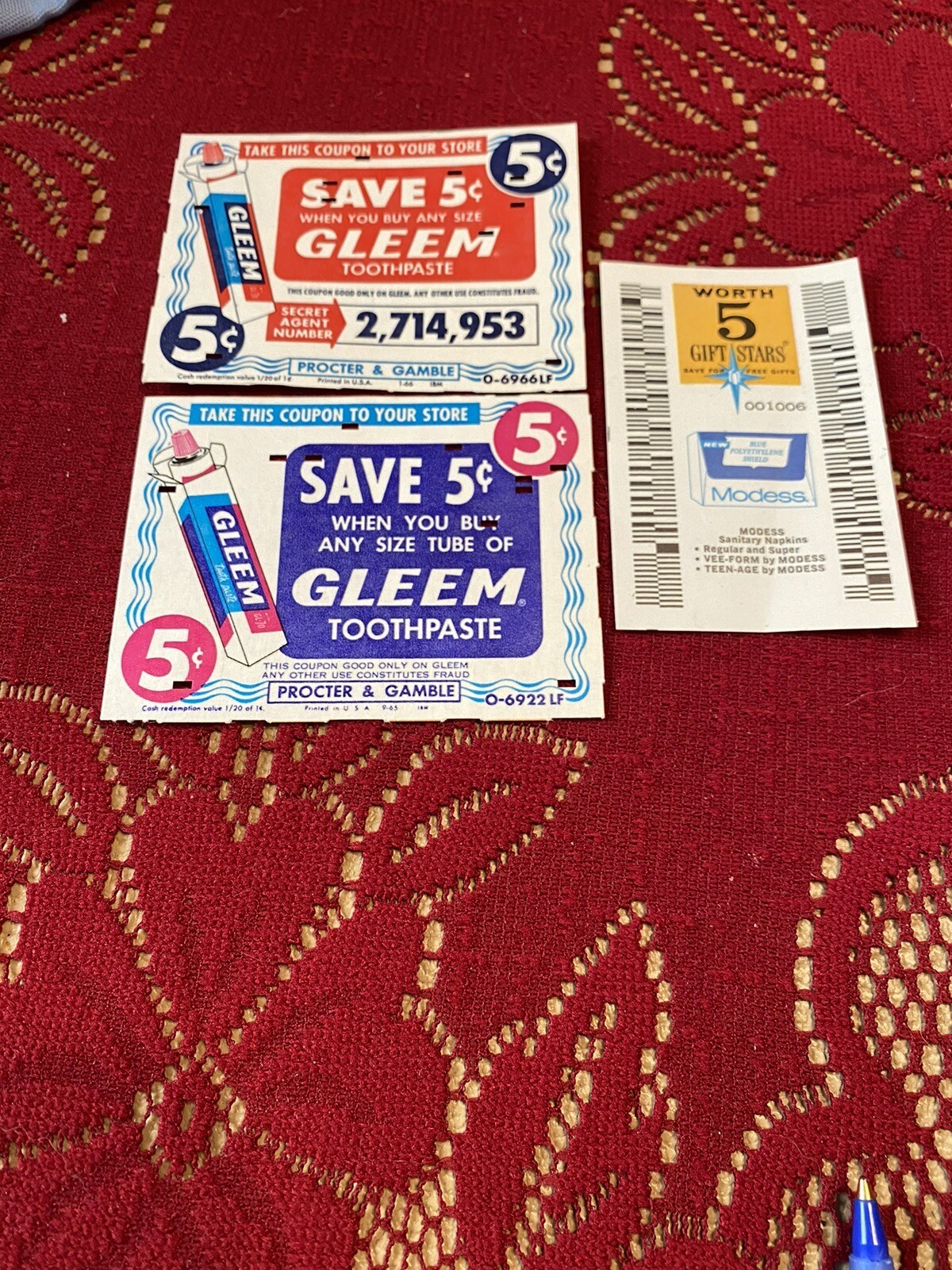 Three Vintage Coupons Two  For Gleem  Toothpaste And One Modess 