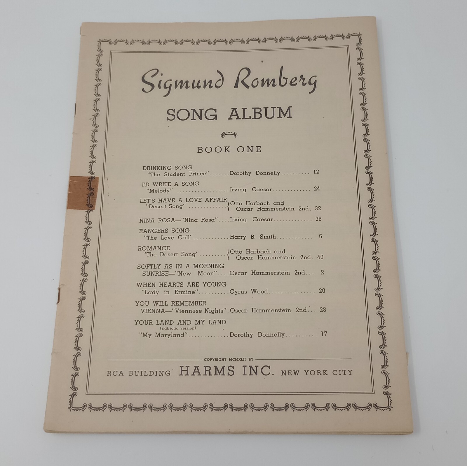 Sigmund Romberg Song Album Book One Paperback 1942 Harms Inc New York