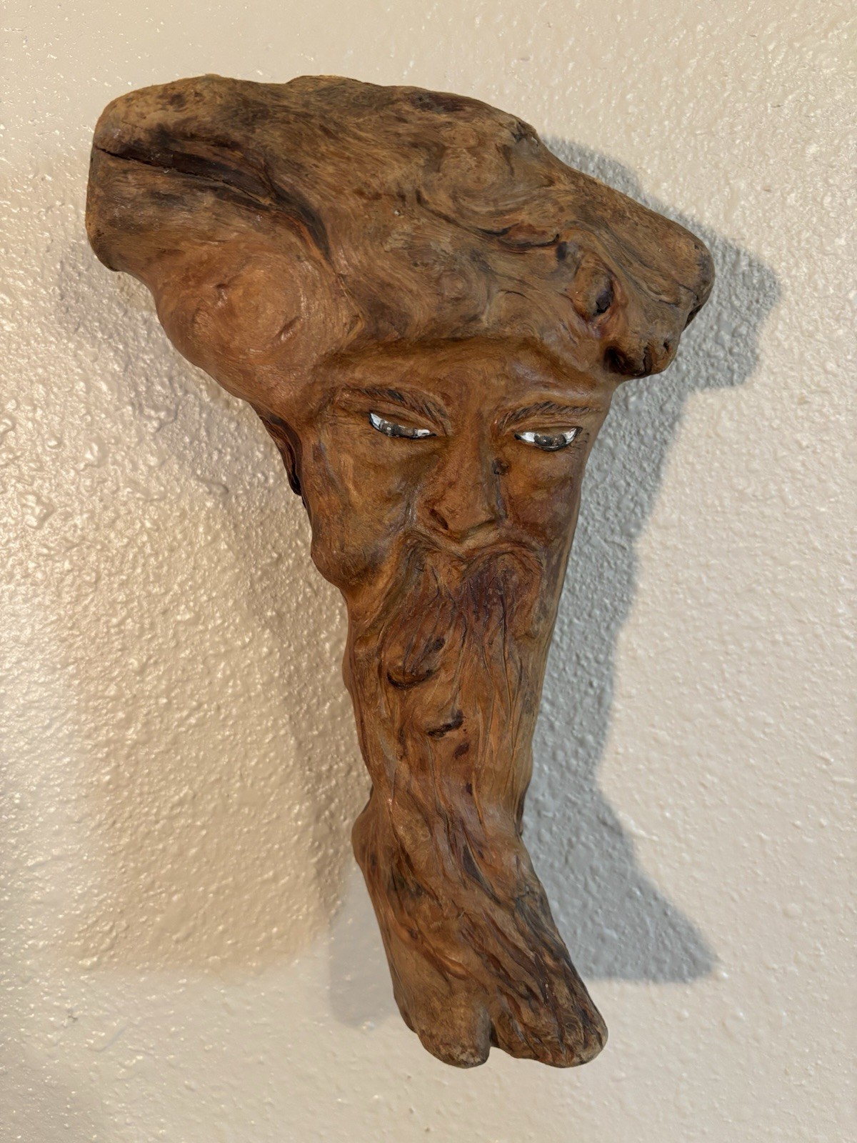Hand Carved Wood Old Man Face Spirit Tree Sculpture Wall Hanging Artist Signed