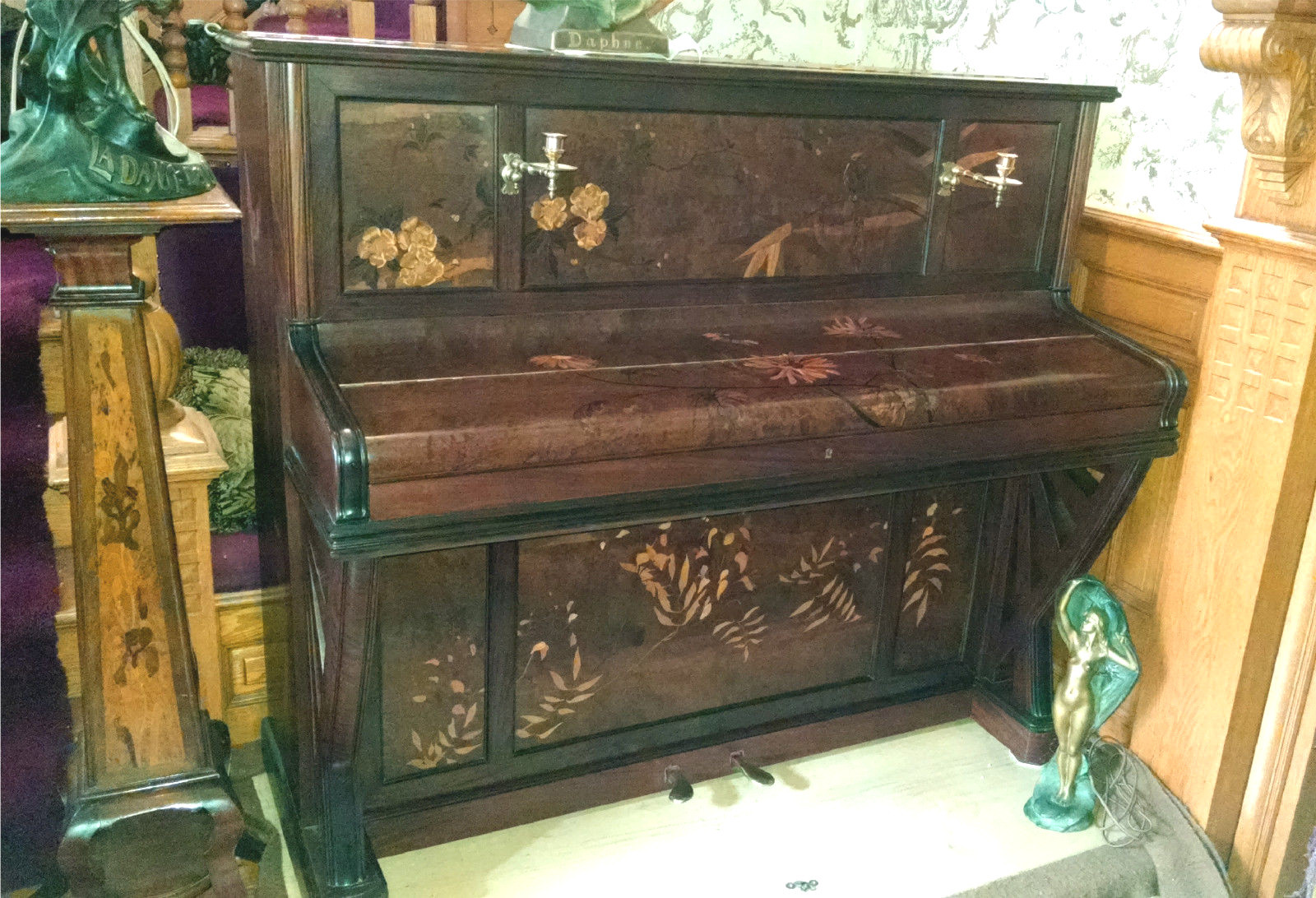 Rare Art Nouveau Marquetry Inlaid Piano Paris 1900 Japonisme Style by A. Bord 