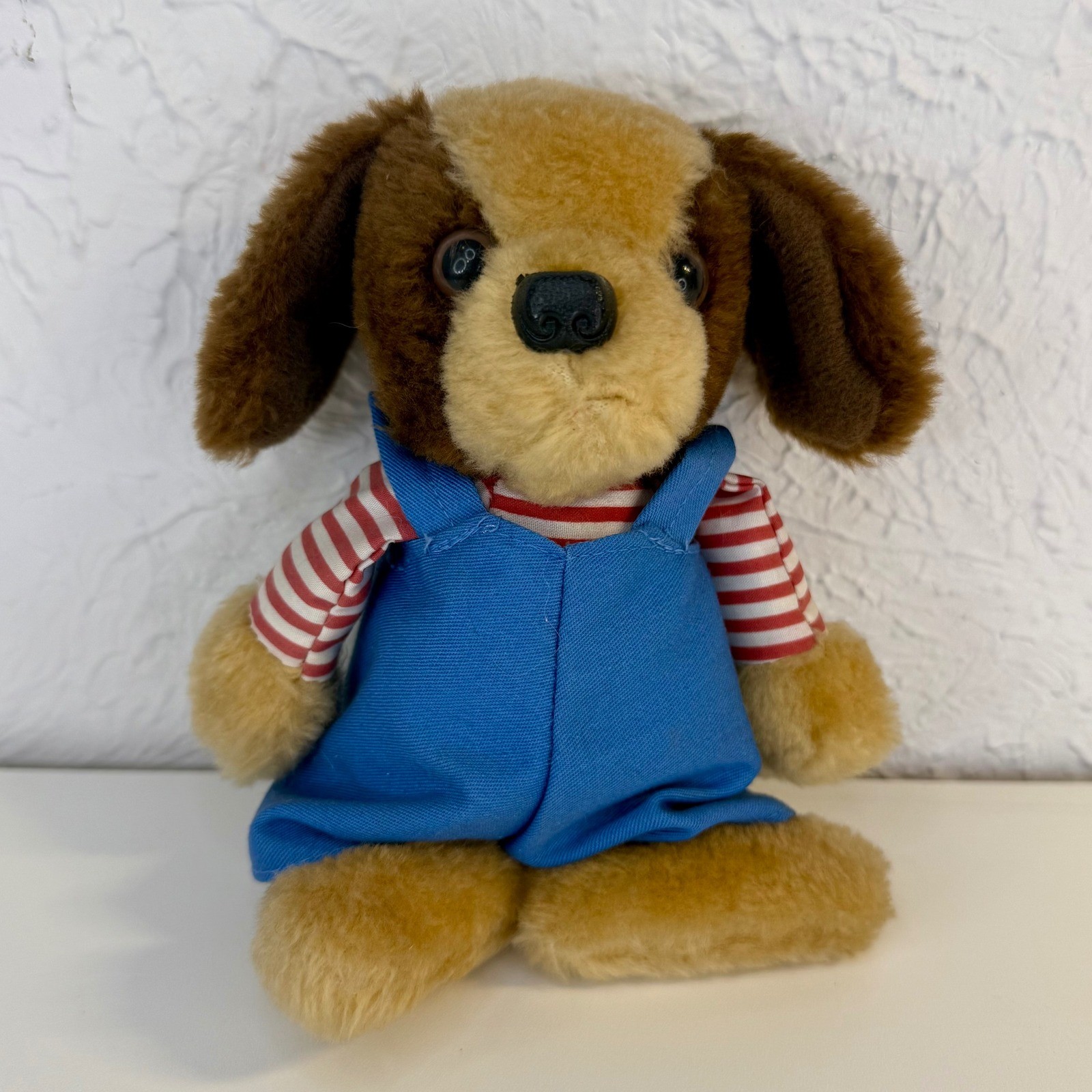 Vintage Plush Brown Stuffed Dog Handmade Red Striped Shirt Blue Overalls 7" EUC