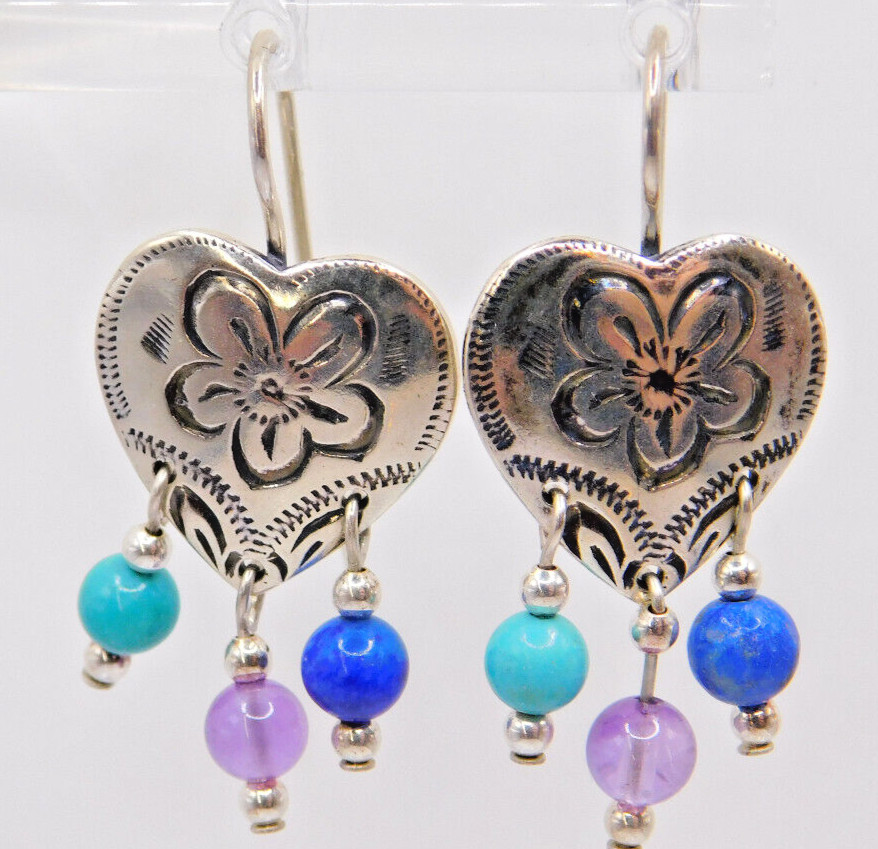 Carolyn Pollack QT Multi Stone Etched Sterling Silver Heart Dangle Earrings