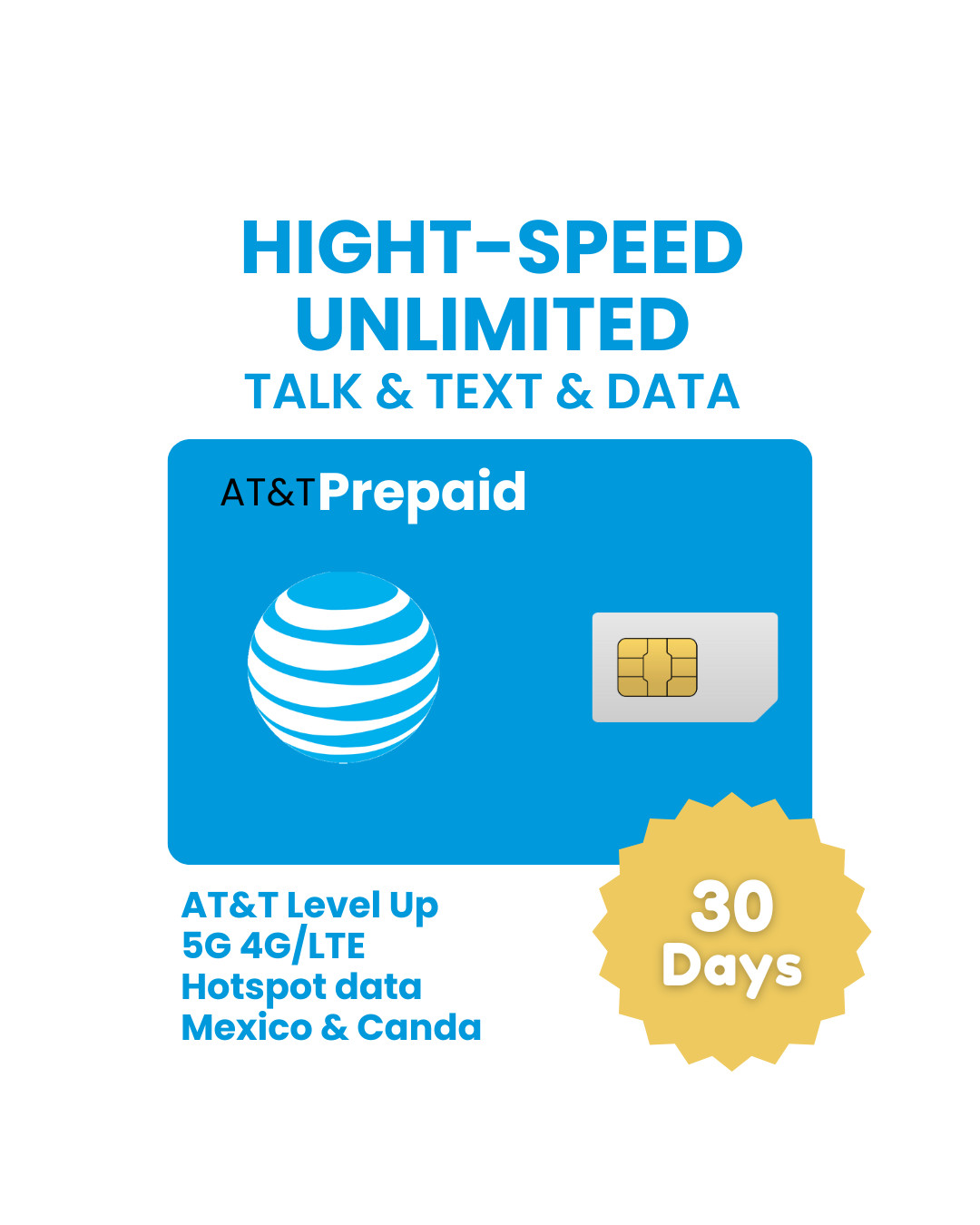AT&T Prepaid SIM Card 30 days – Unlimited Talk Text Data | 5G/4G LTE | BYOD