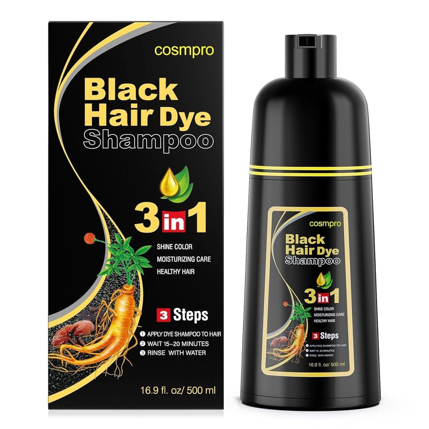 Black Hair Dye Shampoo 3 in 1 for Women/Men for Gray Coverage Instant Hair Co...