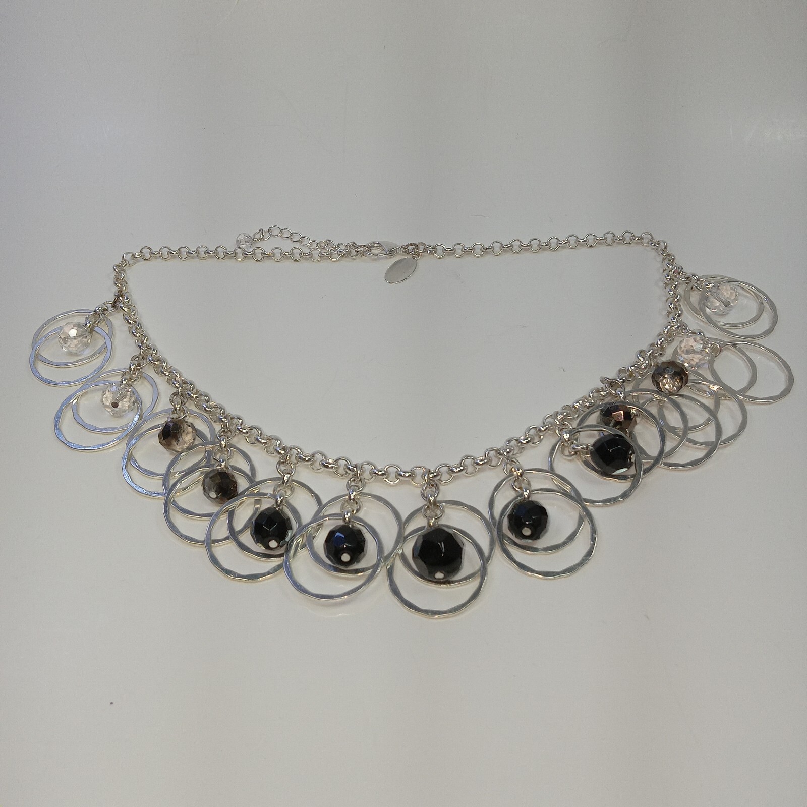 Black Jewelry Necklace Beads Hammered Silver Tone Metal Rings Signed