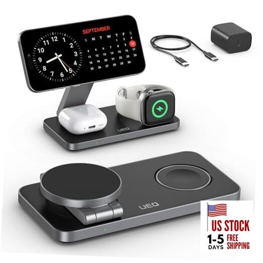 Foldable 3 in 1 Wireless Charging Station for Apple Magsafe Carbon Black