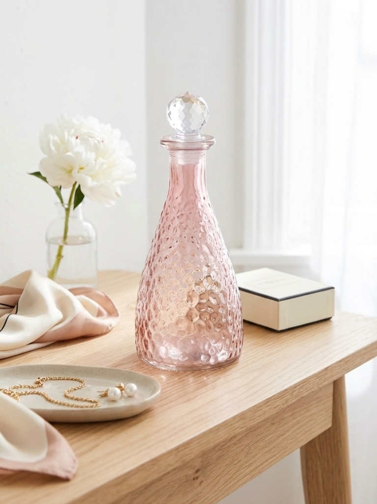 Pink Glass Hobnail Decanter with Faceted Stopper Decorative Bottle New 2024