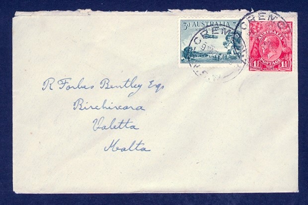AUSTRALIA 9 AU 1929 AIRMAIL COMBO TO MALTA