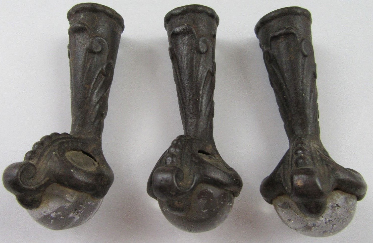 Vintage Antique Victorian Brass Glass Claw Style Furniture Feet Lot of 3 