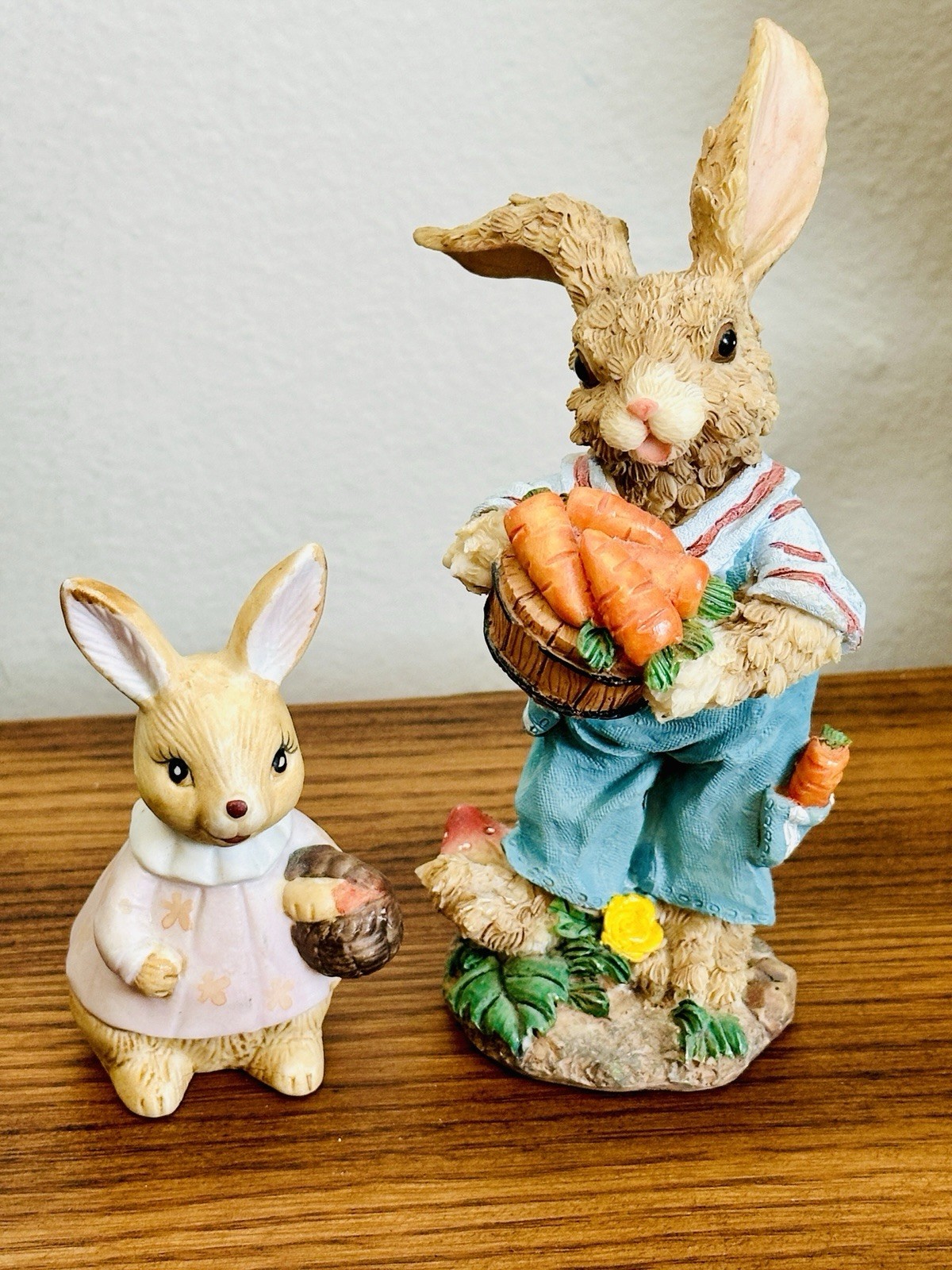 Vintage Easter Bunny Set - Resin Farmer & Ceramic Girl w/ Basket Figurines Cute