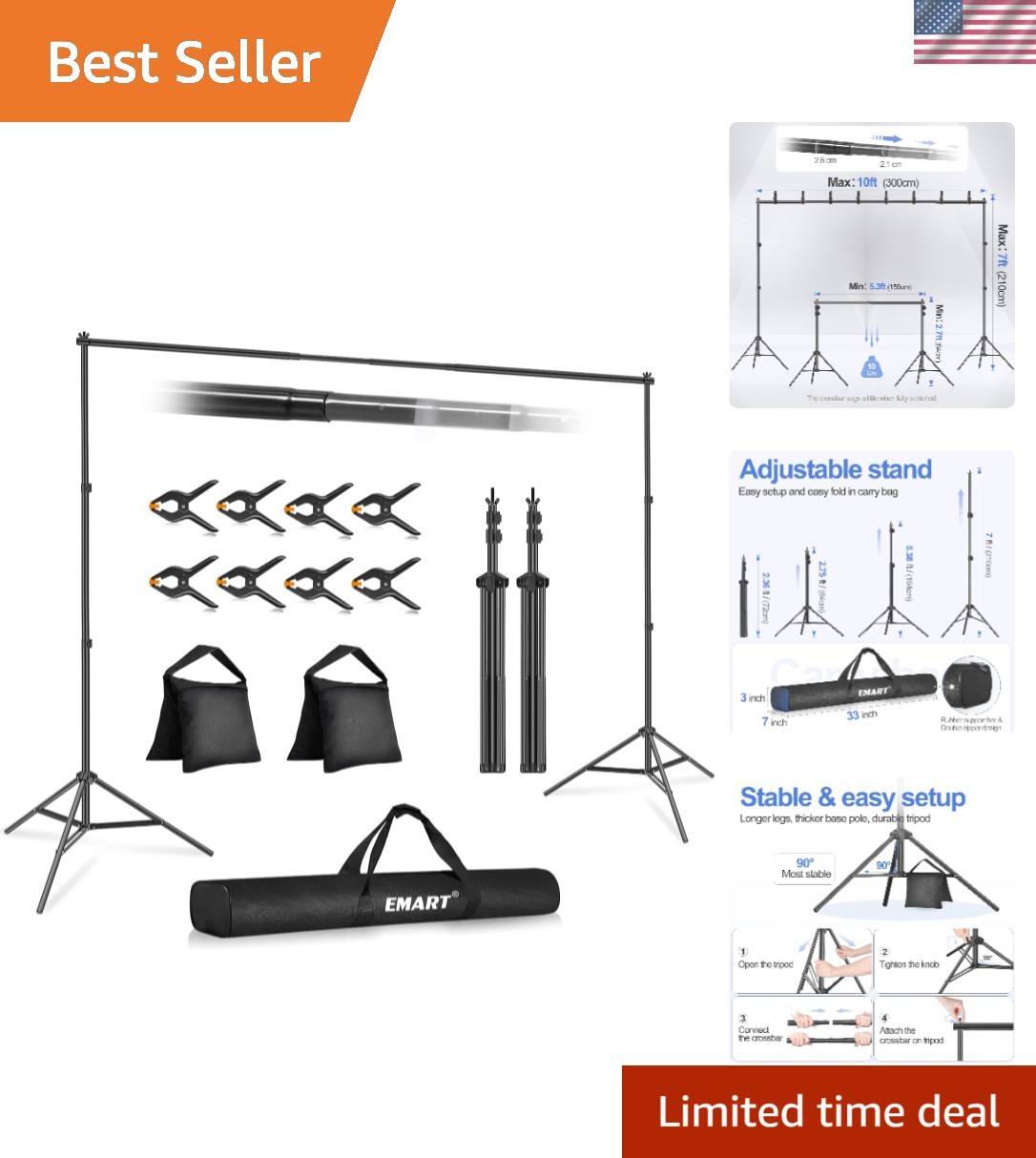 Backdrop Stand 10x7ftWxH Photo Studio Adjustable Background Stand Support kit...