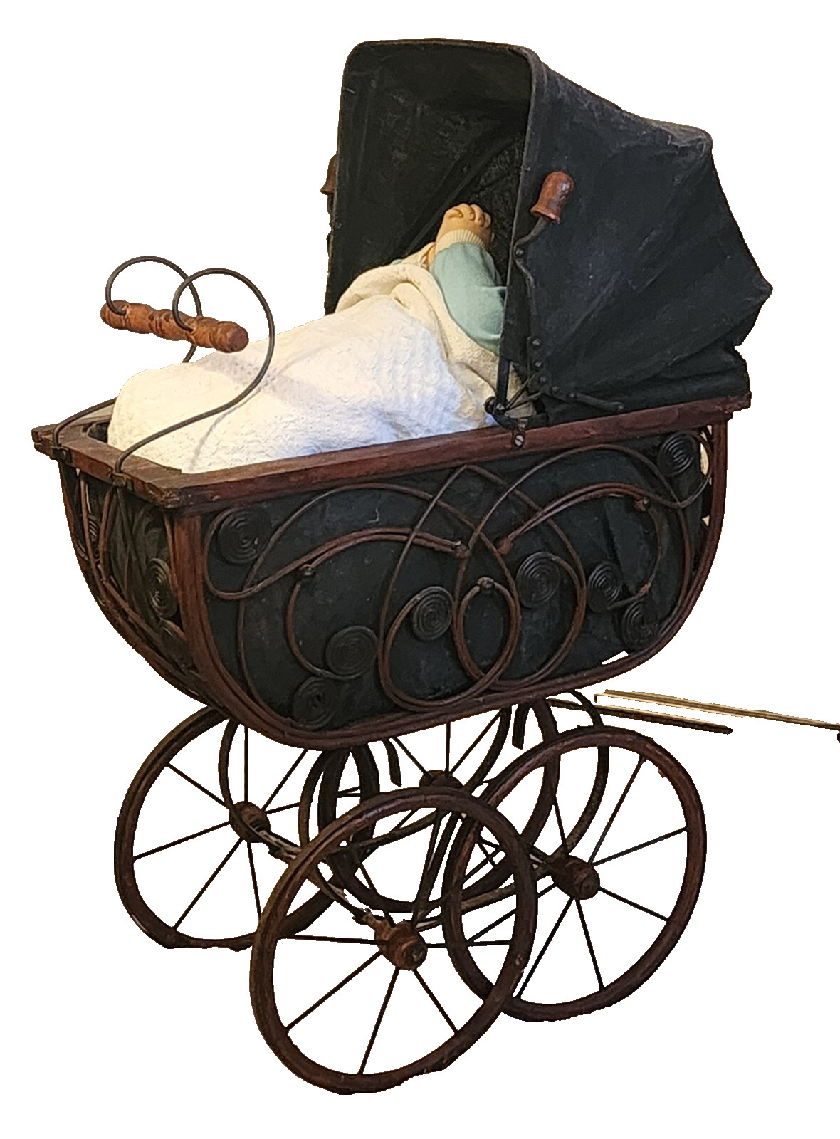 Vintage Wrought Iron Doll Baby Carriage/Victorian Style Pram with Canopy