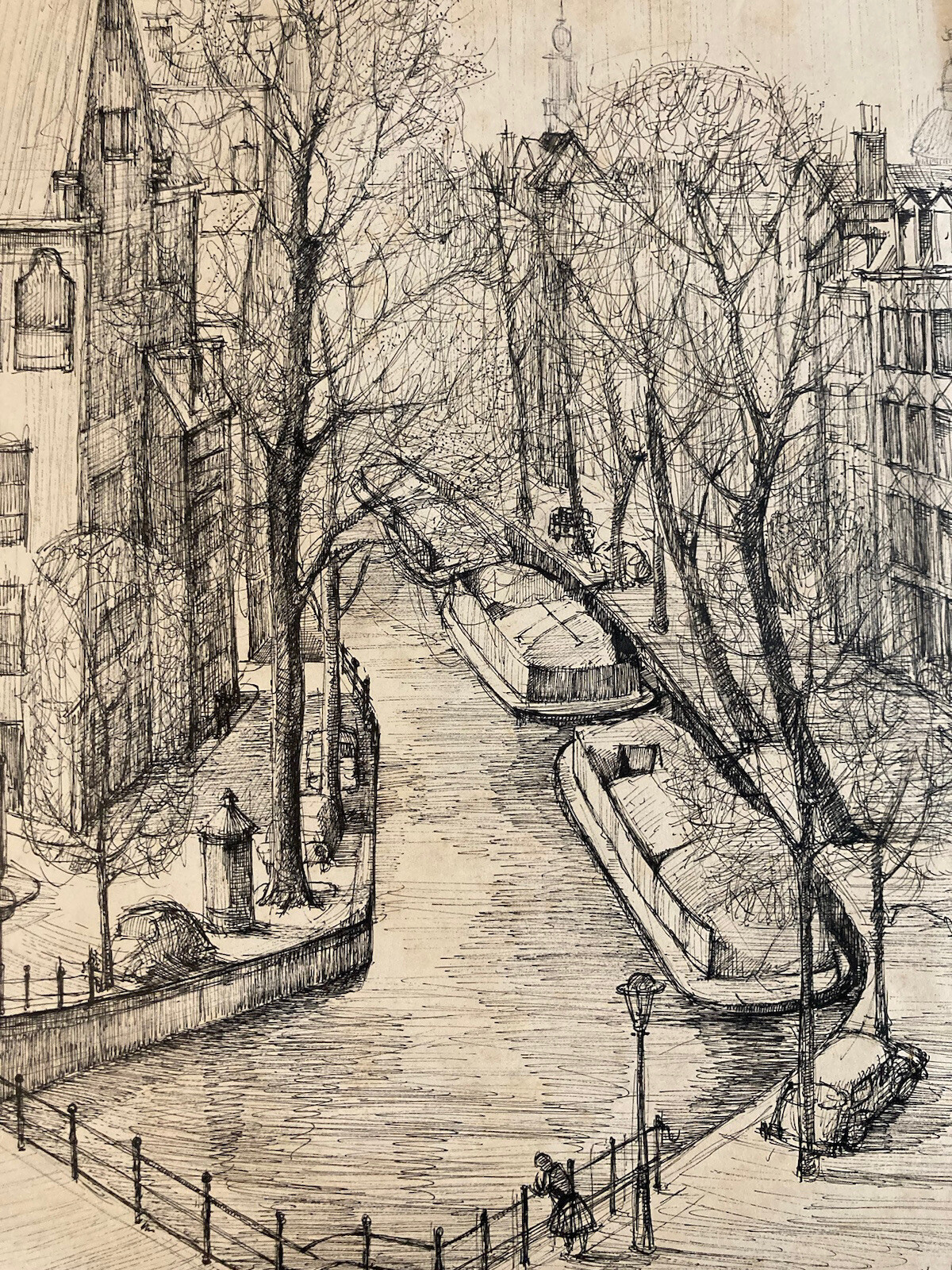 Beau Dessin encre 1960 Amsterdam Canal Raamgracht Centrum Frank Hage Artiste
