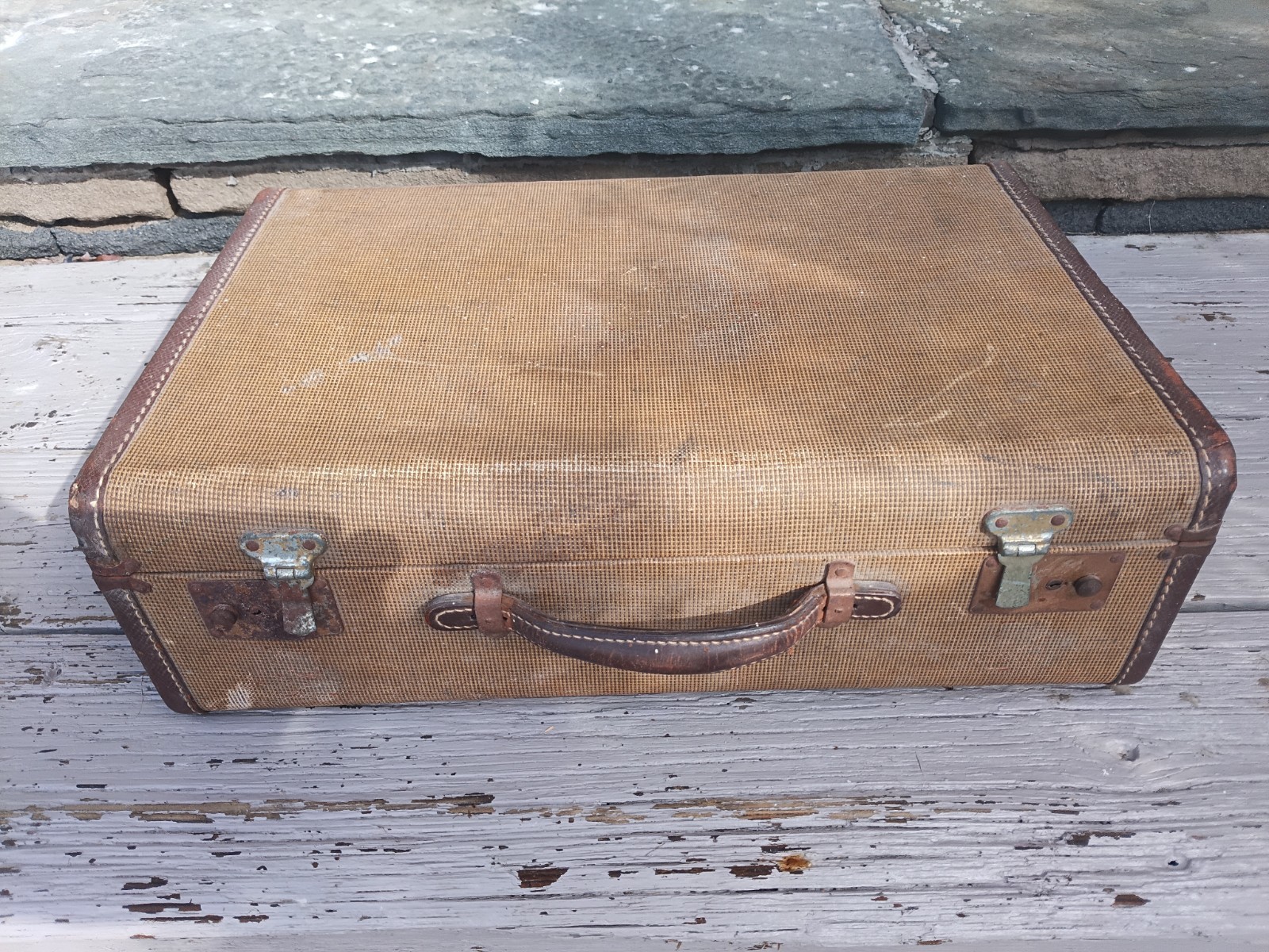 Vintage Tweed Suitcase Luggage Travel Décor