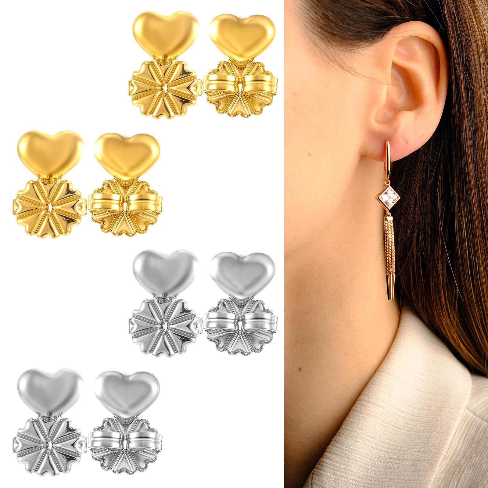 HJZHII 4 Pairs Earring Backs for Droopy Ears, Lifter Silver, Gold 
