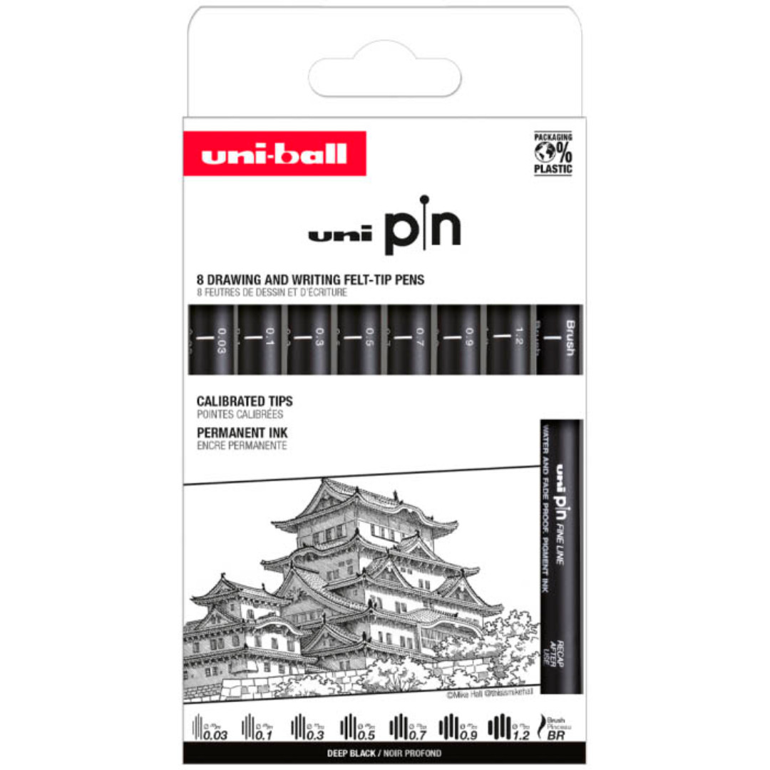 Uni-Ball 8 Piece Technical Marker Set Uni-Pin Black Assorted Tips 0.03–1.2 Brush