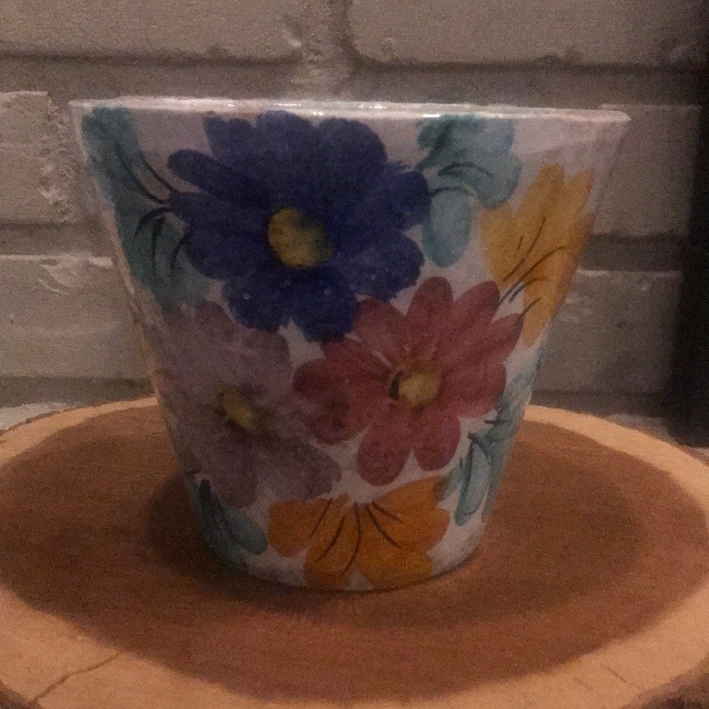 VTG Handpainted Italian Floral Ceramic Flower Pot with Multicolor Design
