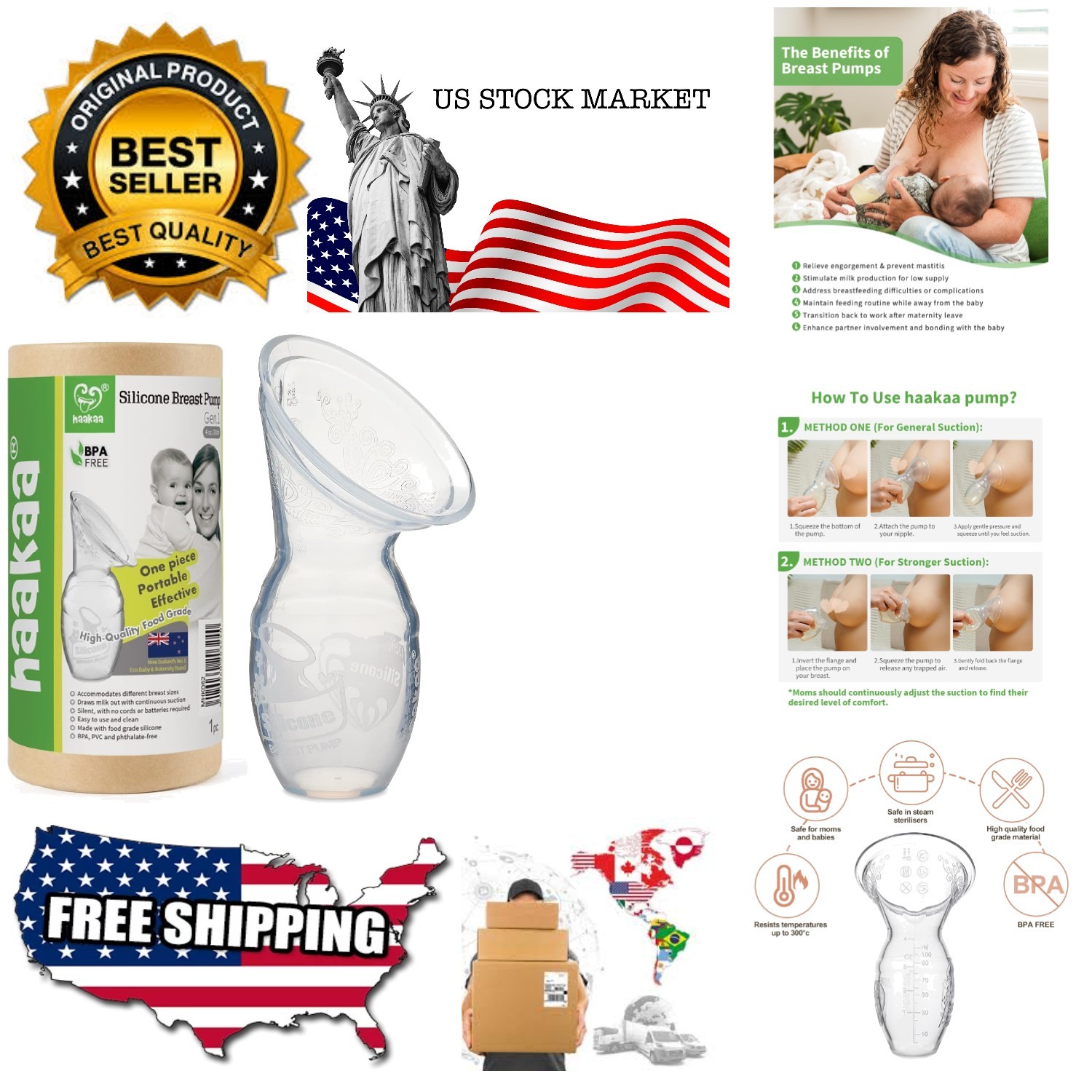 Silicone Breastfeeding Manual Breast Pump Milk Pump 100% Food Grade Silicone ...