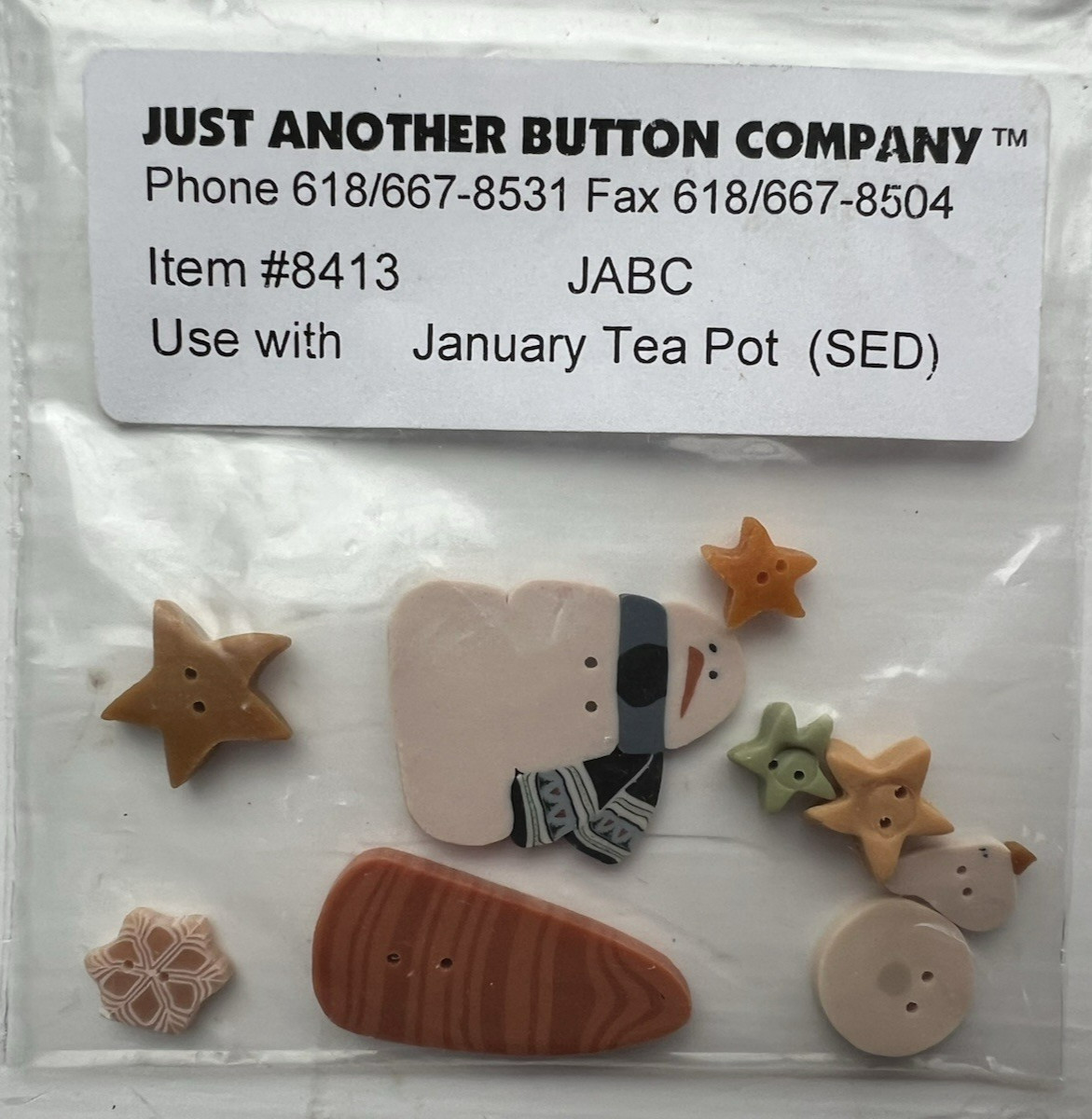 Just Another Button Company January Teapot Button Lot of 9 Snowman Carrot Stars