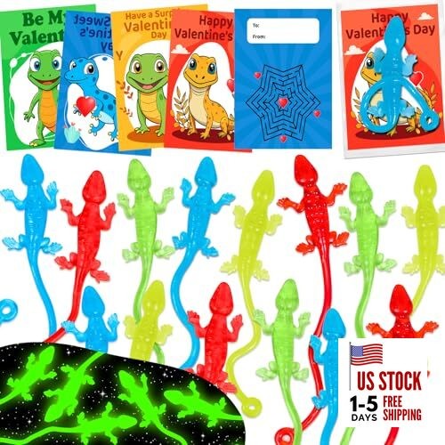 30PCS Valentines Day Cards Gifts for Kids Sticky Gecko Toys With Valentine’s 