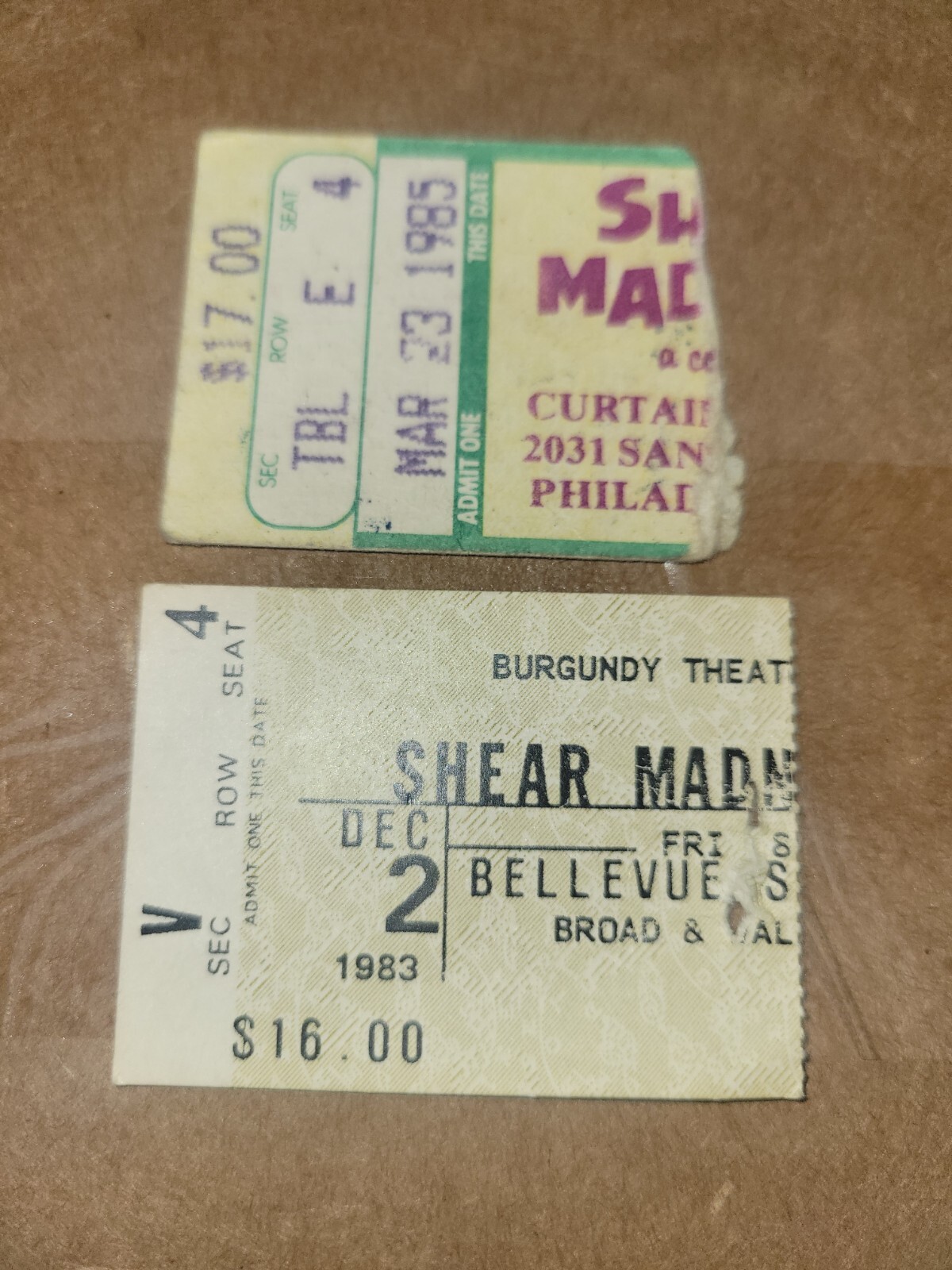 Shear Madness Ticket Stubs December 1983 & March 1985 Free Shipping (I)