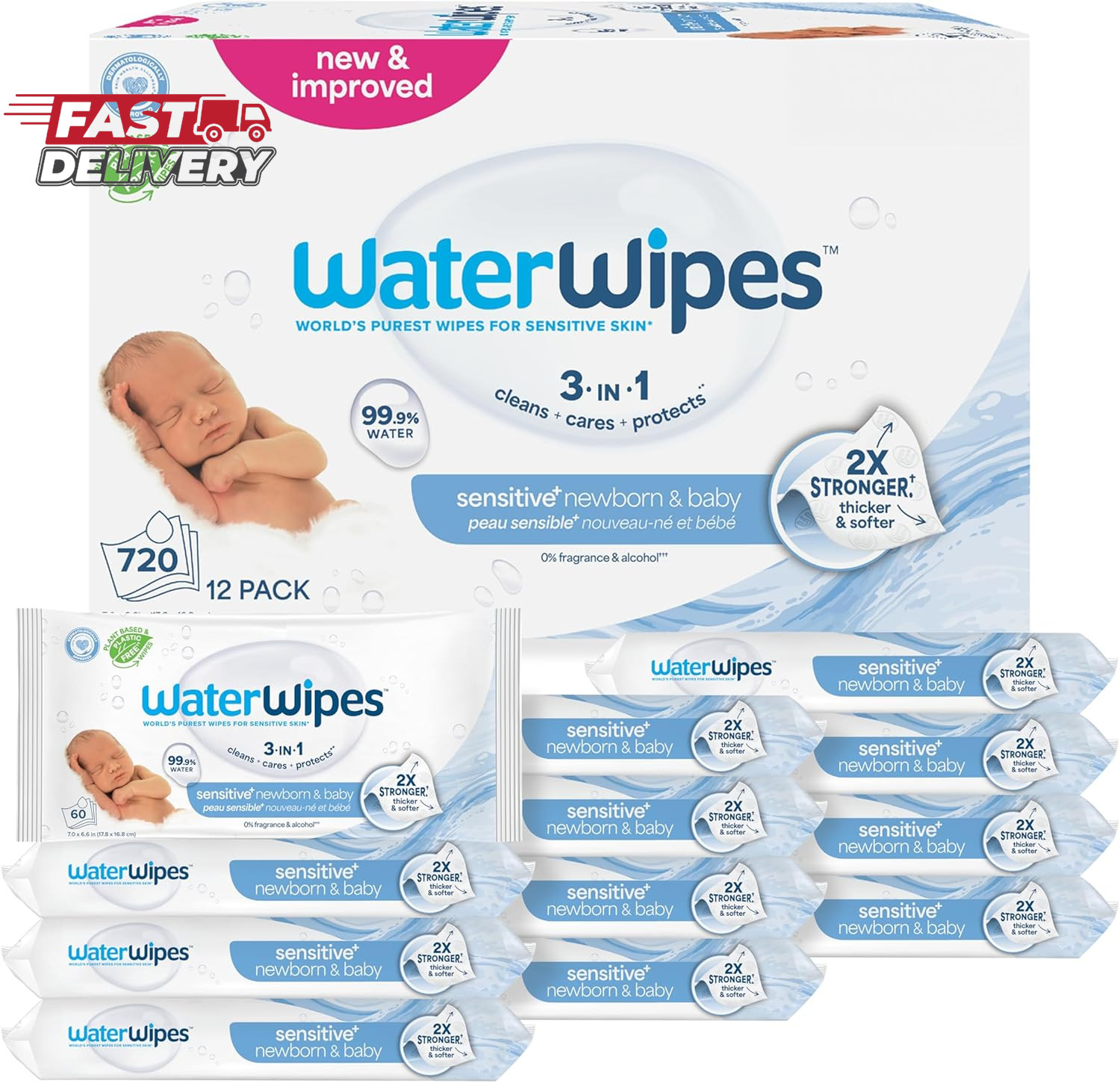 Waterwipes Sensitive+ Newborn & Baby Wipes, 3-In-1 Cleans, Cares, Protects, 99.9