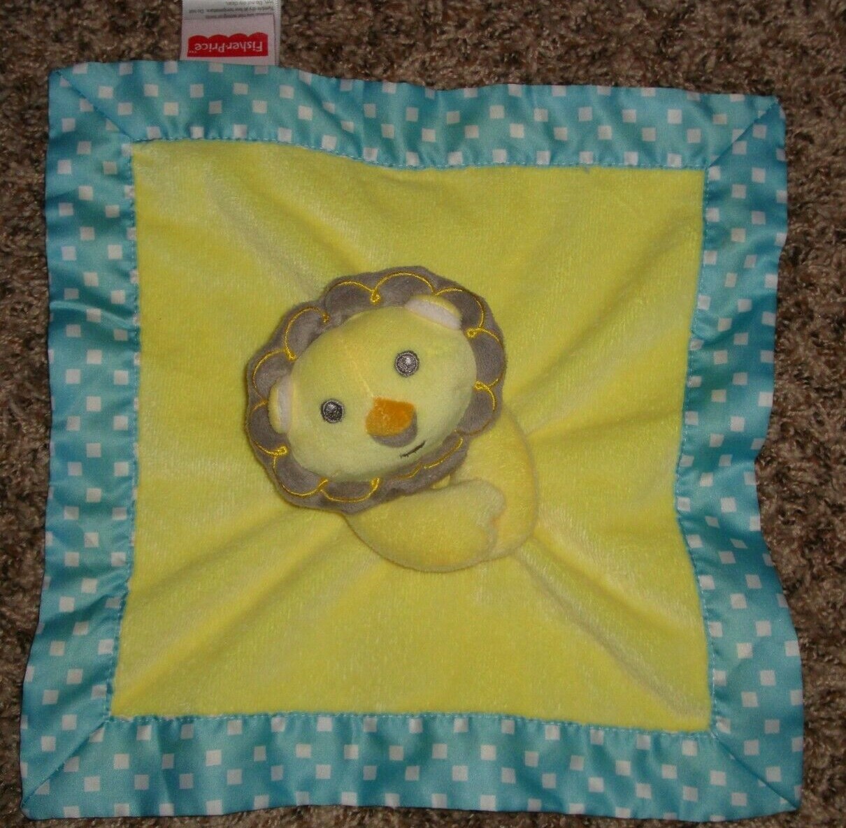 Fisher Price Yellow Blue Square Lovey Security Blanket 12"