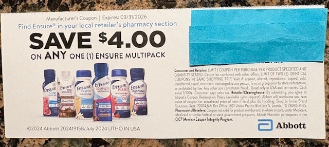 12 Ensure Coupons - Save $4.00 On Any One (1) Multipack exp 3/31/2026