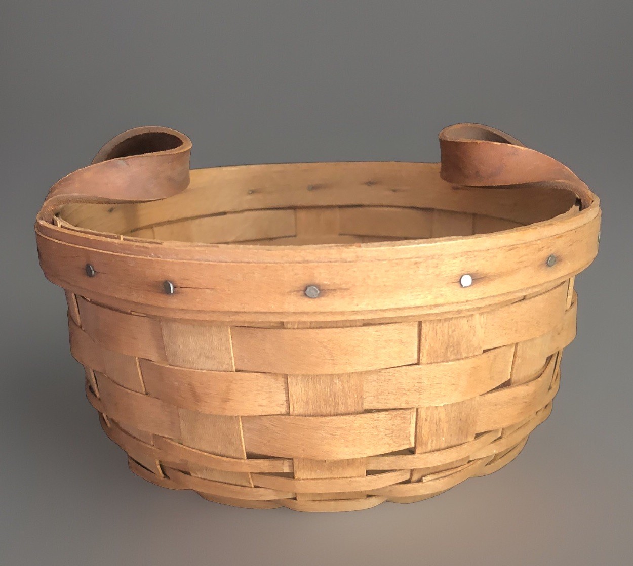 Longaberger Handmade 6 & 1/2 inch Round Button Basket With Leather Handles