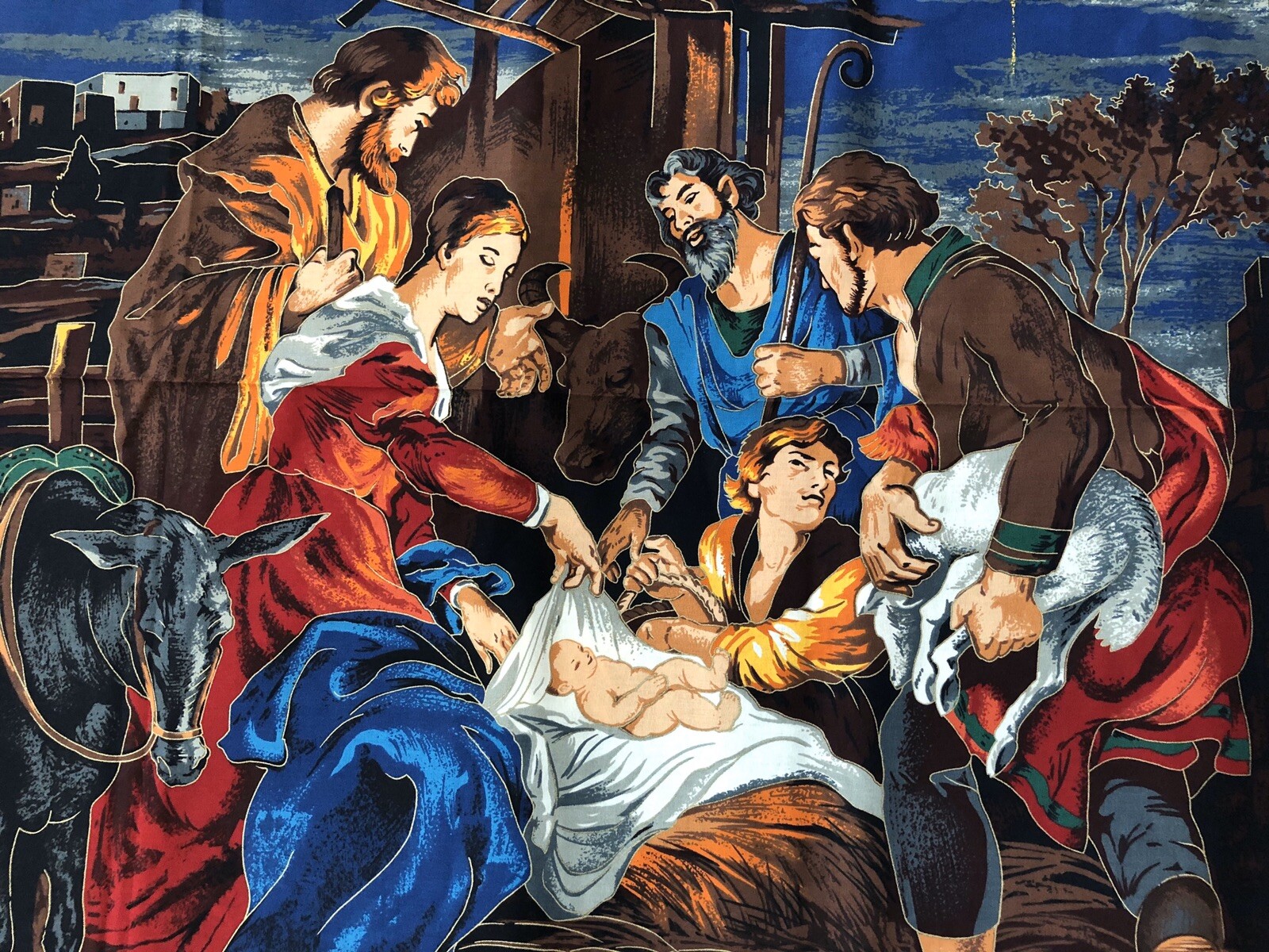 Vintage Christmas Cranston Nativity Manger Scene Fabric Panel 35 x 43 Baby Jesus