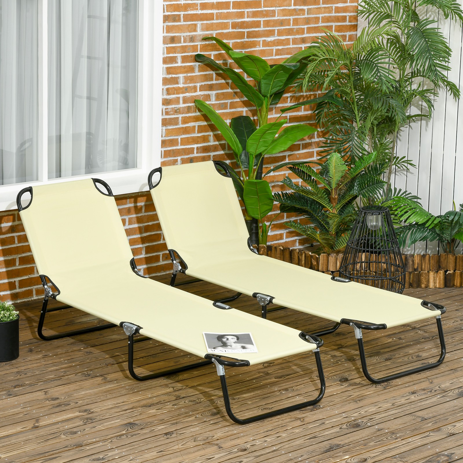 2 Pc Folding Chaise Lounge Chairs Outdoor Recliner Sun Tanning Patio Beige