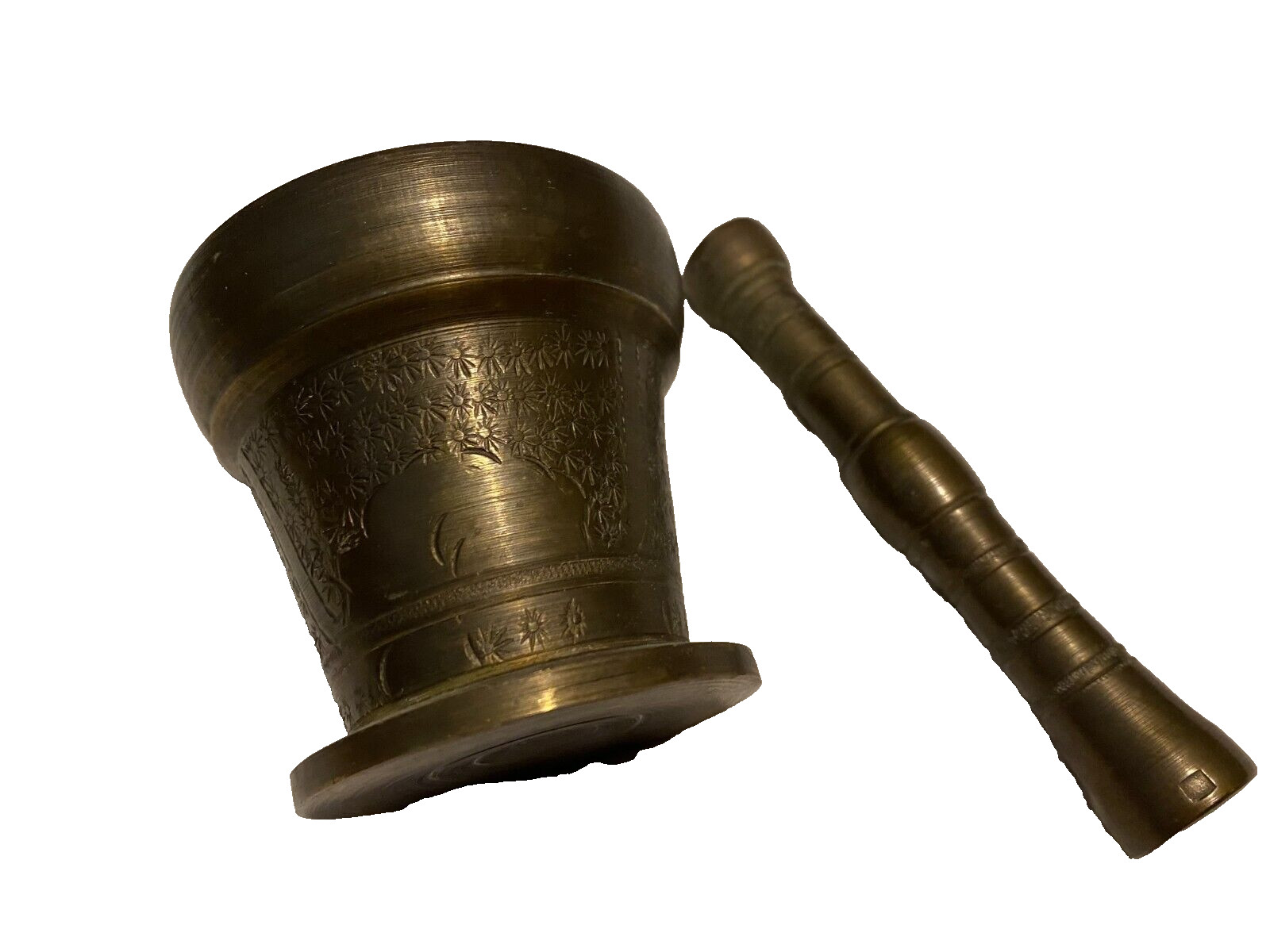 Antique Brass 3" Tall Mortar Bowl & Pestle Set Asian? Engraved 2 lbs 3.6 oz