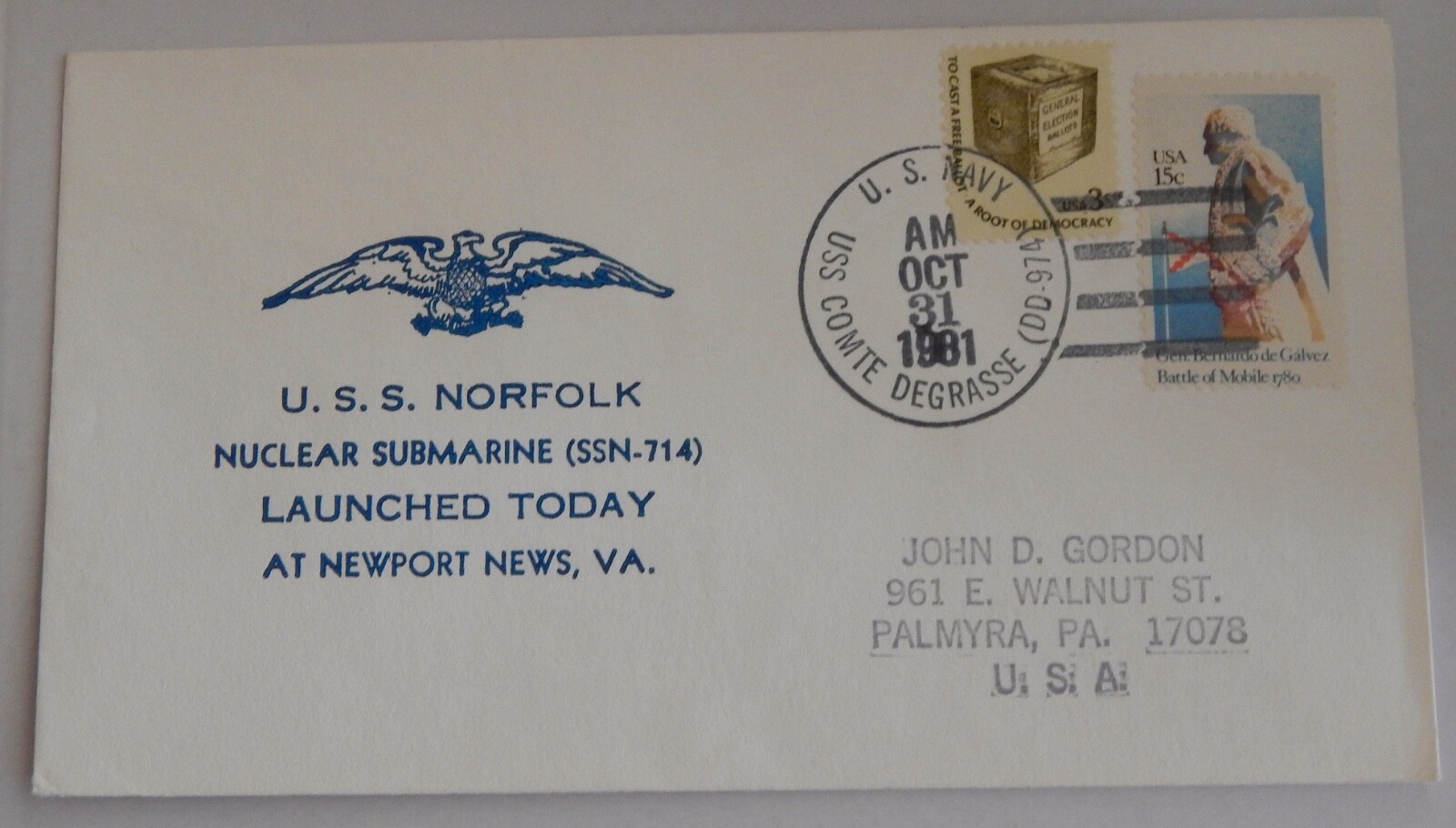 USS Norfolk (SSN 714) launching October 31 1981 USS Comte De Grasse (DD 974)