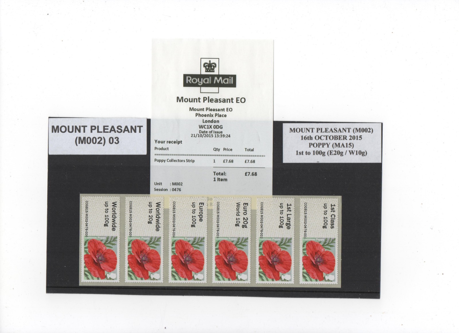 POST GO MPLEASANT EO/DO M002 POPPY MA15 2015 COLLECTOR STRIP of 6 to 100g SCARCE