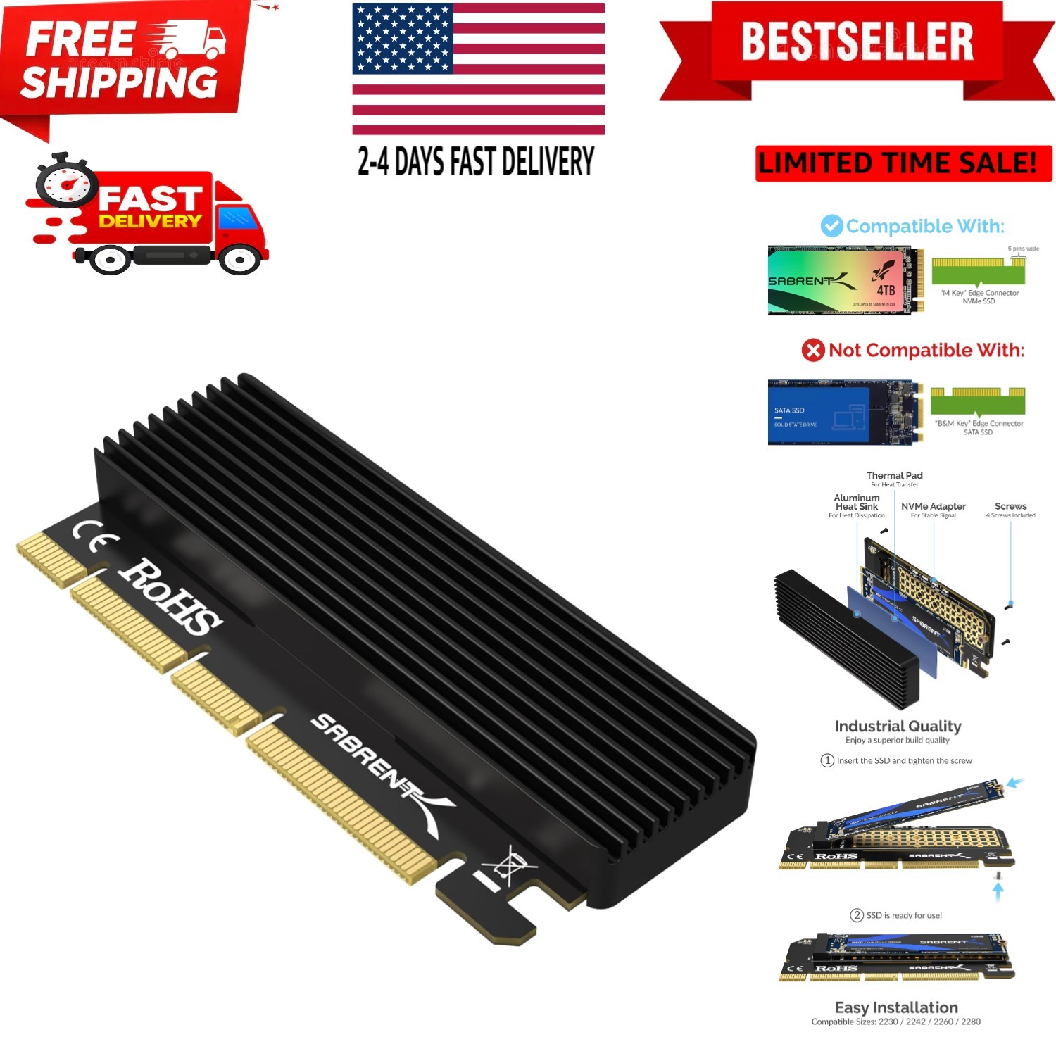 M.2 NVMe SSD to PCIe X16/X8/X4 Adapter Card with Aluminum Heatsink, Easy Inst...