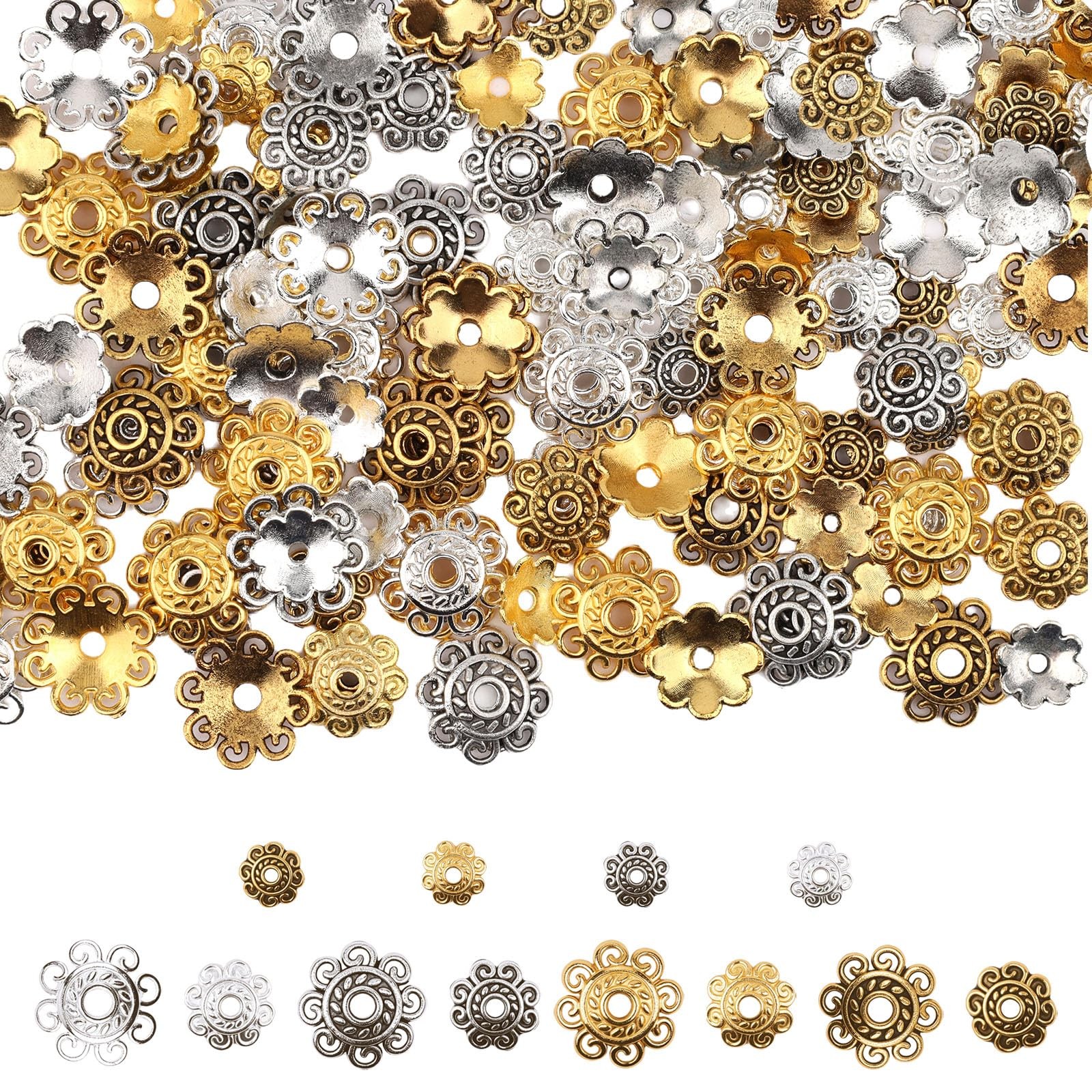 120Pcs Spacer Beads Caps, Gold & Silver 10mm x 8mm x 12mm, gold and silver 