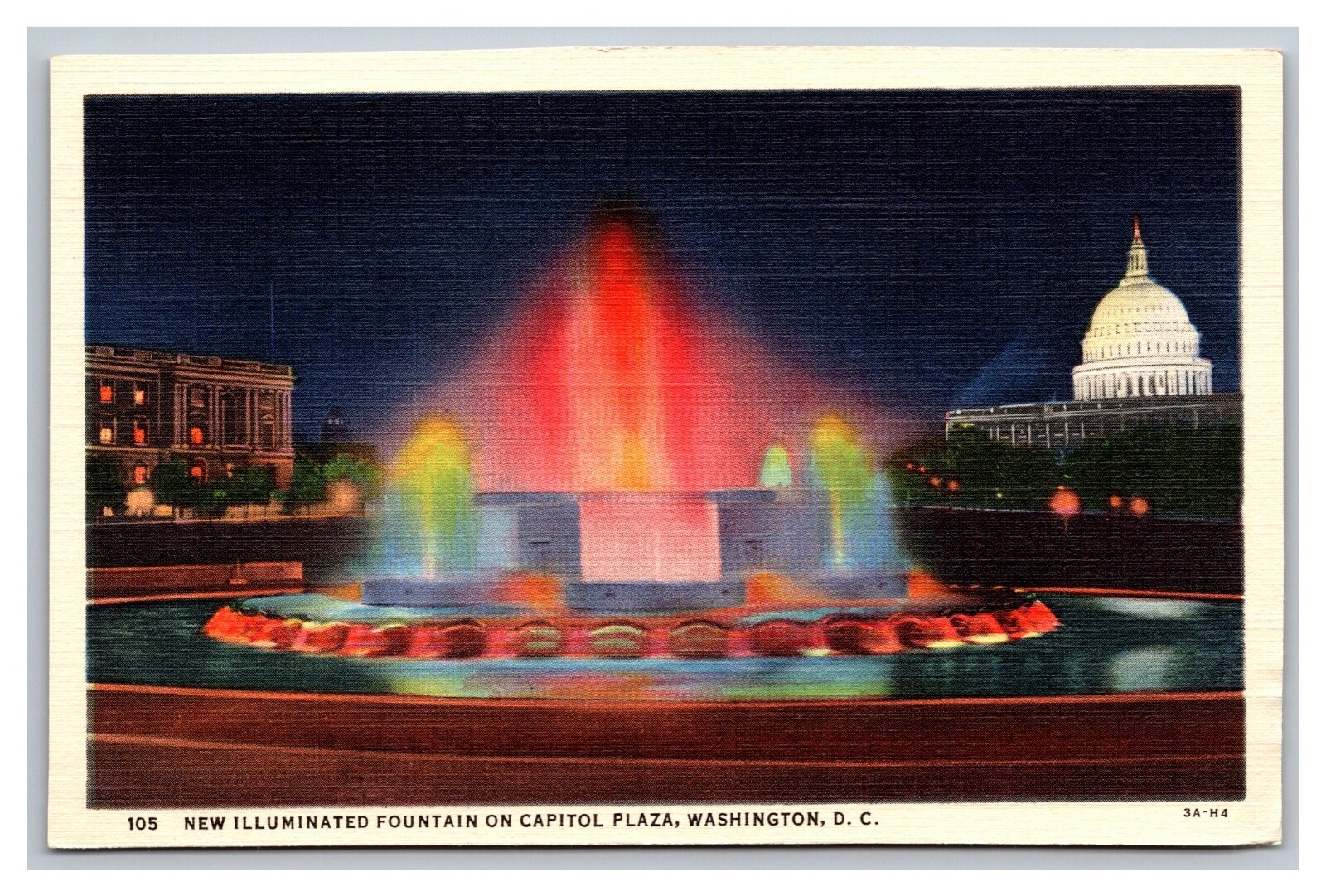 Washington D.C. New Illuminated Fountain on Capitol Plaza Night Linen Postcard