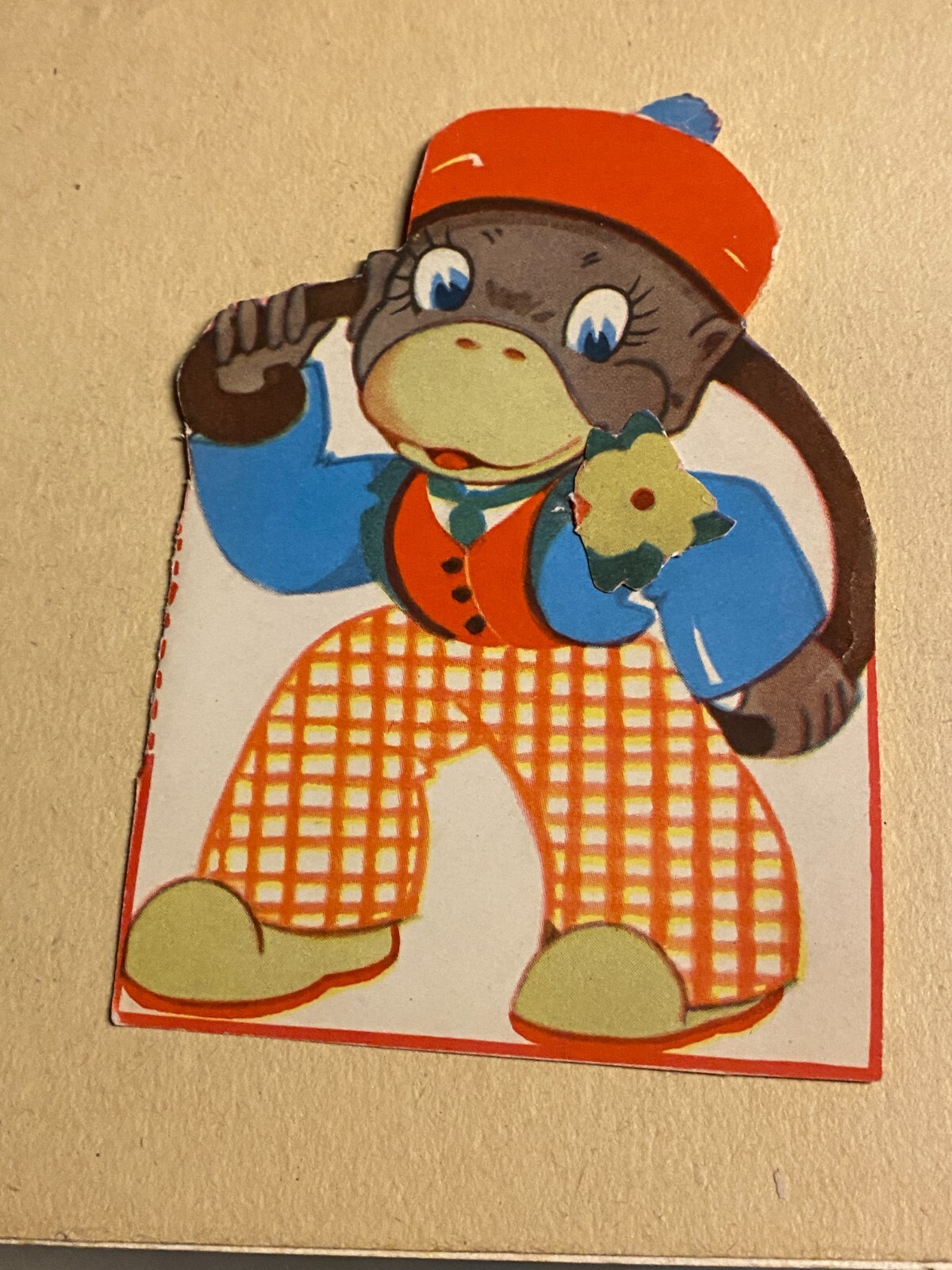 Vintage Valentine Card Monkey w Flower inset Tell a Tale