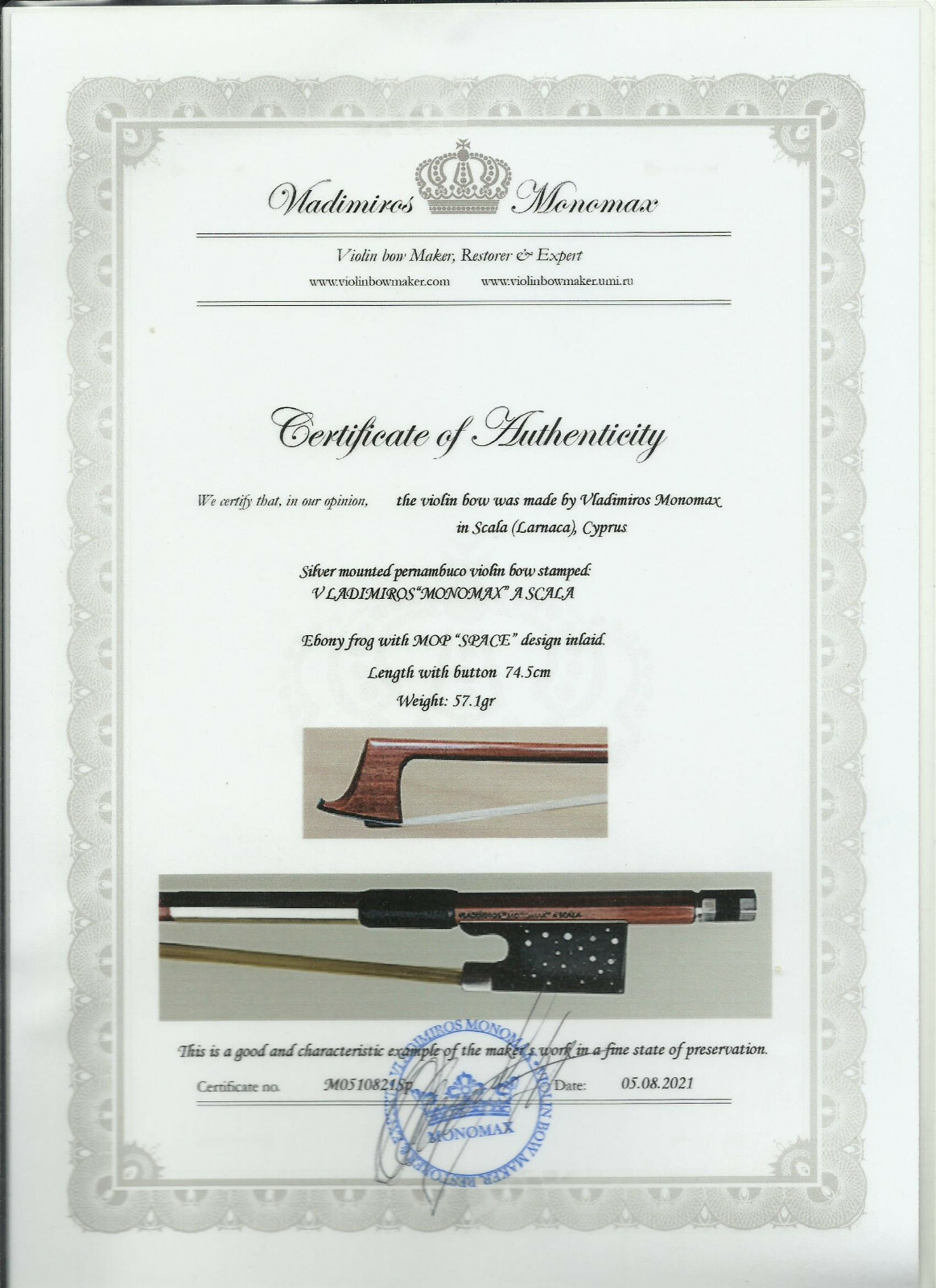 Certificate ONLY for Pernambuco, silver Violin Bow  “Ursa Major in Space” design