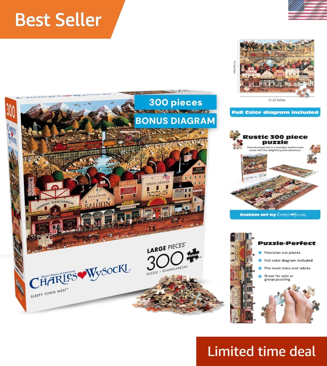Immersive 300-Piece Sleepy Town West Puzzle with Full Color Reference Poster