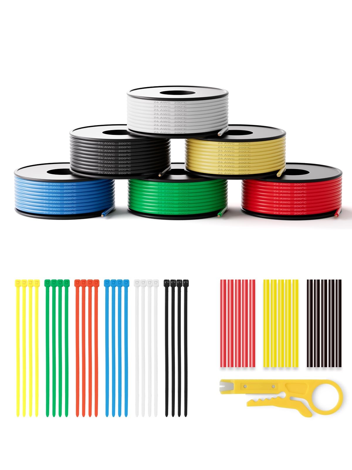 PUDKLE 24AWG Stranded Silicone Electrical Wire 157ft - 6 Colors, 200°C Rated