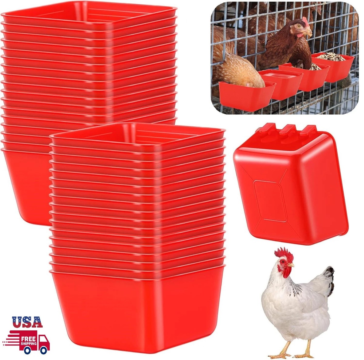 10× Red Chicken Poultry Hanging Water Feed Cage Cups Rabbit Bird Feeder Bowls US