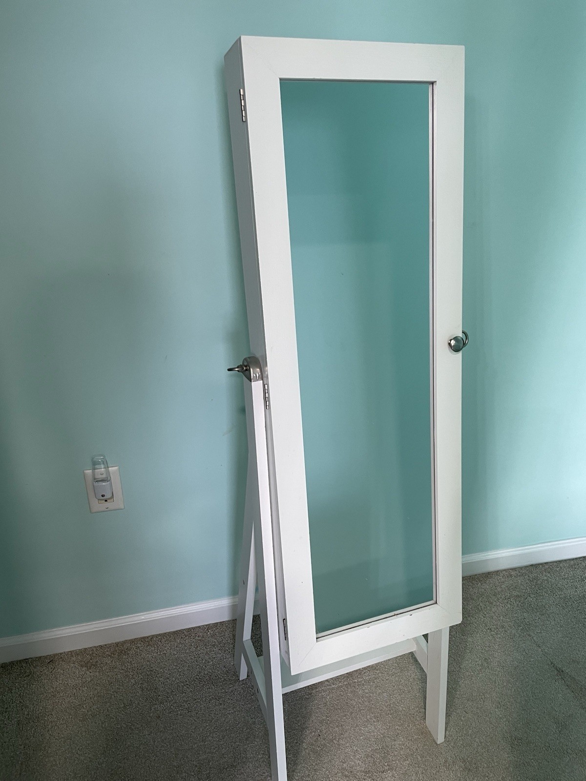 White Standing Jewelry Organizer Cabinet with Mirror, Lined Velvet, Wood & Glass