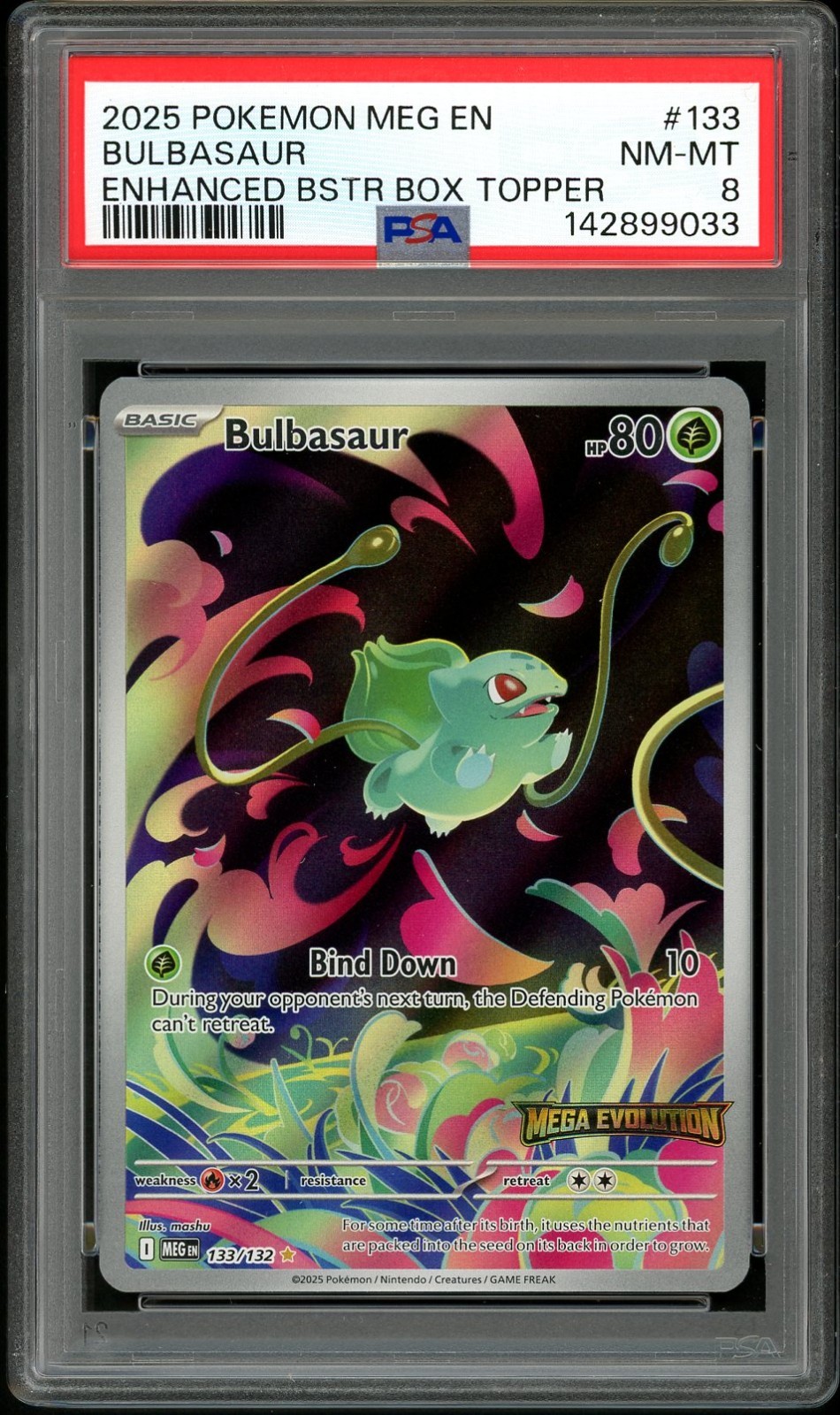 PSA 8 NM-MINT Bulbasaur 133 Box Topper Mega Evolution Pokemon Card