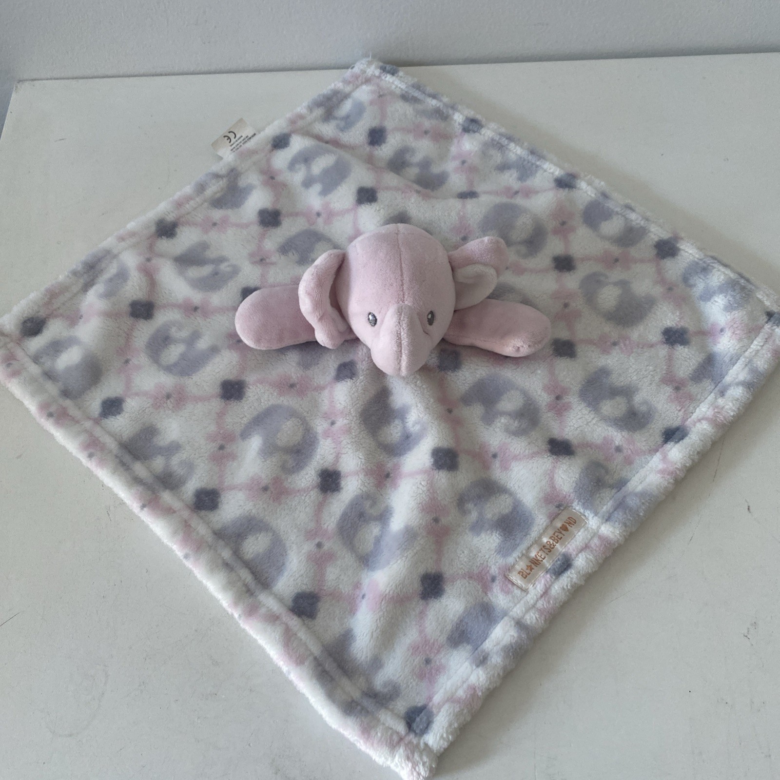 Blankets & Beyond Lovey Elephant  Pink White Gray Baby Security Blanket 14x14