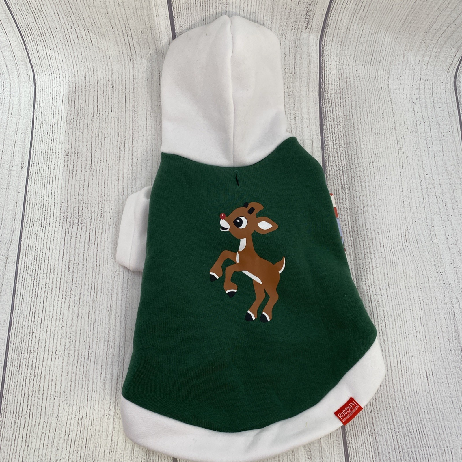 Rudolph Reindeer Dog Hoodie MEDIUM Green White Christmas Sweatshirt Sweater